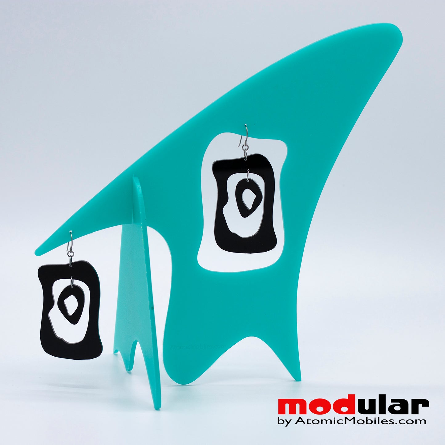 Handmade Modern Bliss midcentury retro style earrings and stabile kinetic modern art sculpture in Aqua and Black by AtomicMobiles.com