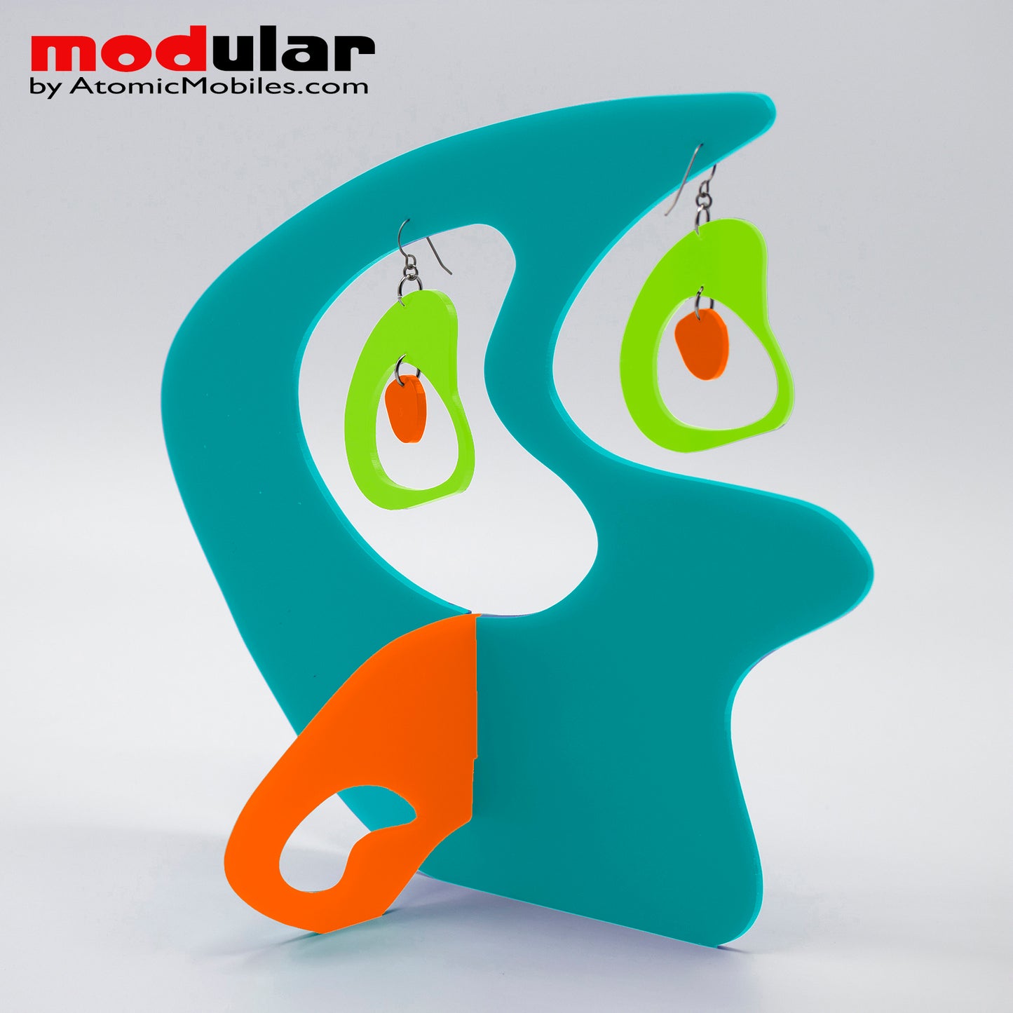 Handmade Boomerang Retro style earrings and stabile kinetic modern art sculpture in Palm Springs colors by AtomicMobiles.com