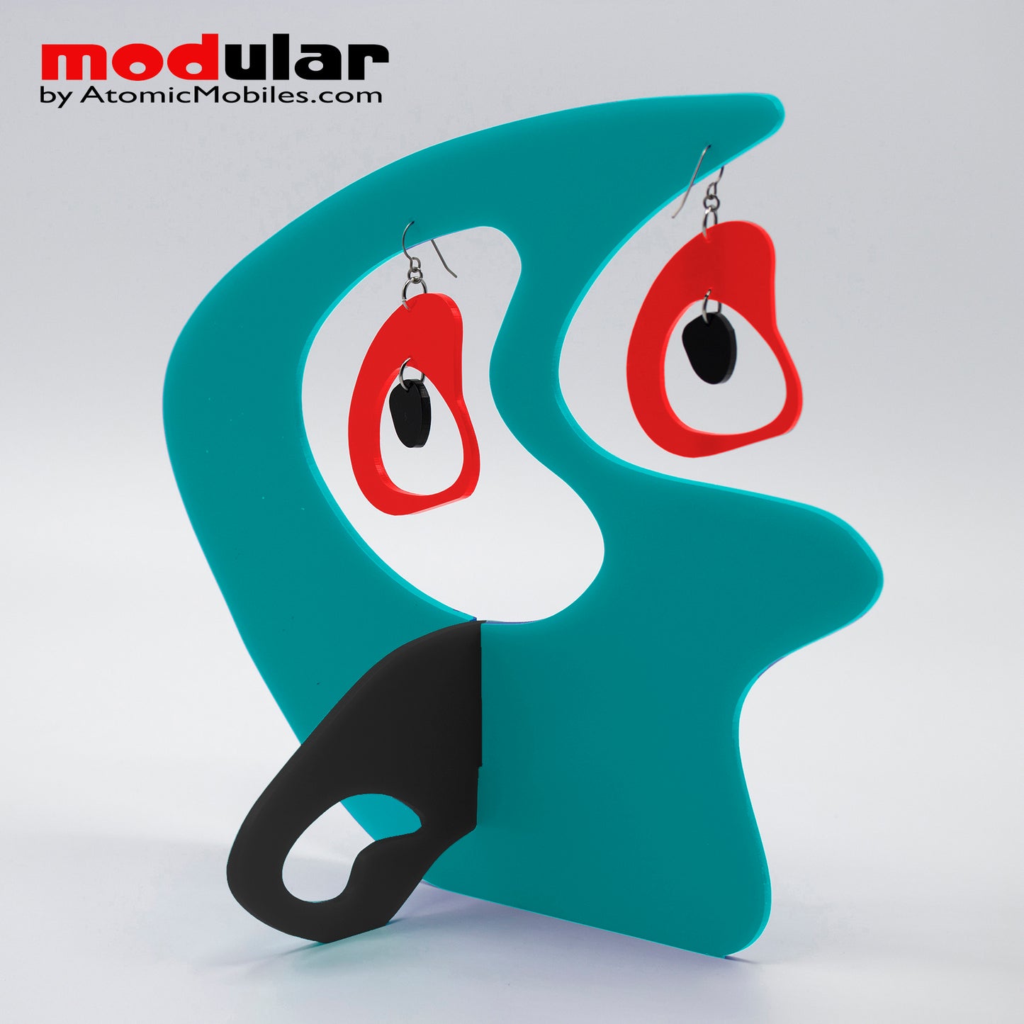 Handmade Boomerang Retro style earrings and stabile kinetic modern art sculpture in Aqua Red and Black by AtomicMobiles.com