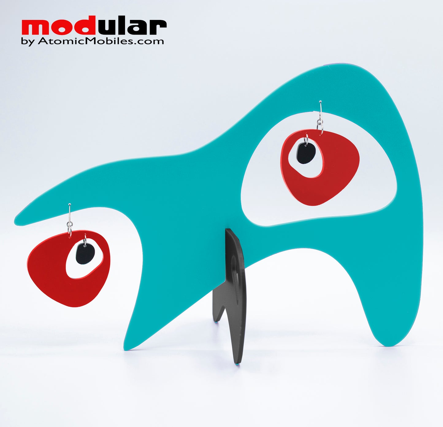Handmade Googie style earrings and stabile kinetic modern art sculpture in Aqua Red and Black by AtomicMobiles.com