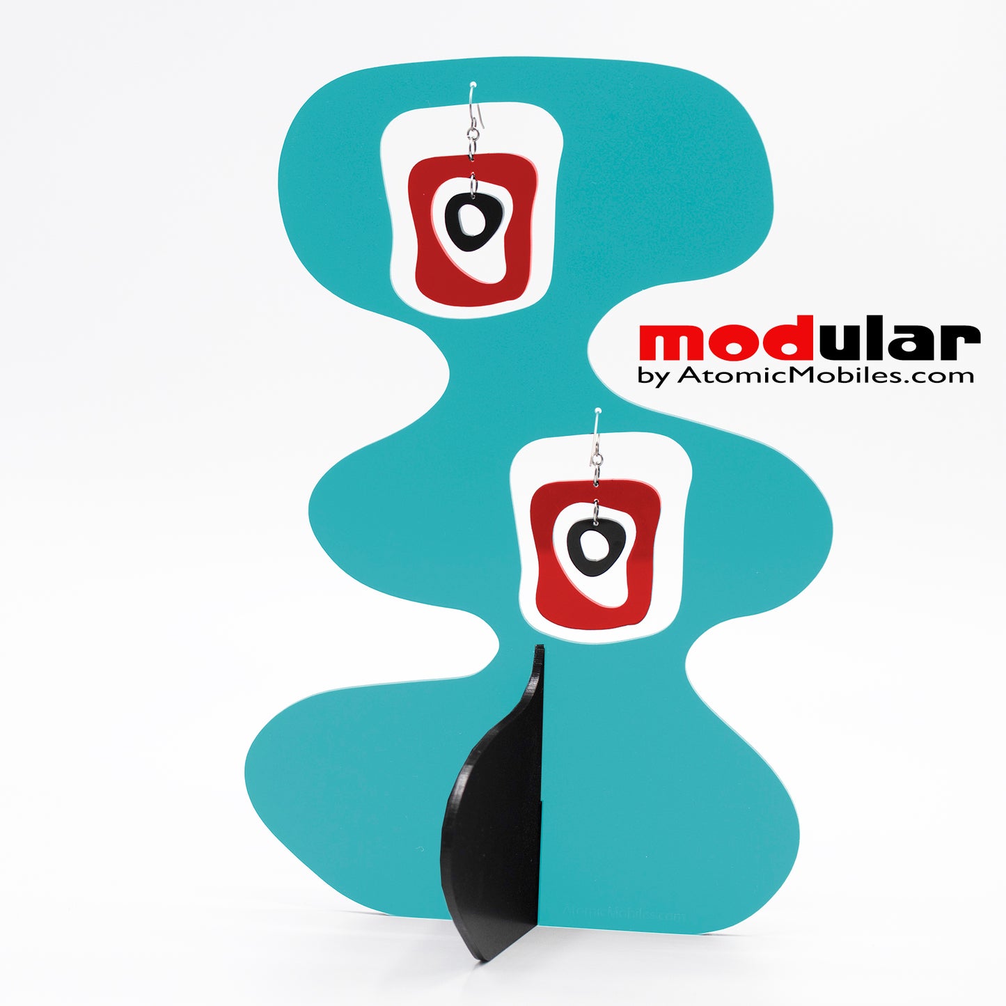 Handmade Mid Mod retro midcentury style earrings and stabile kinetic modern art sculpture in Aqua Red and Black by AtomicMobiles.com