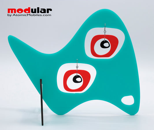 Handmade Paris retro mid century style earrings and stabile kinetic modern art sculpture in Aqua Red and Black by AtomicMobiles.com