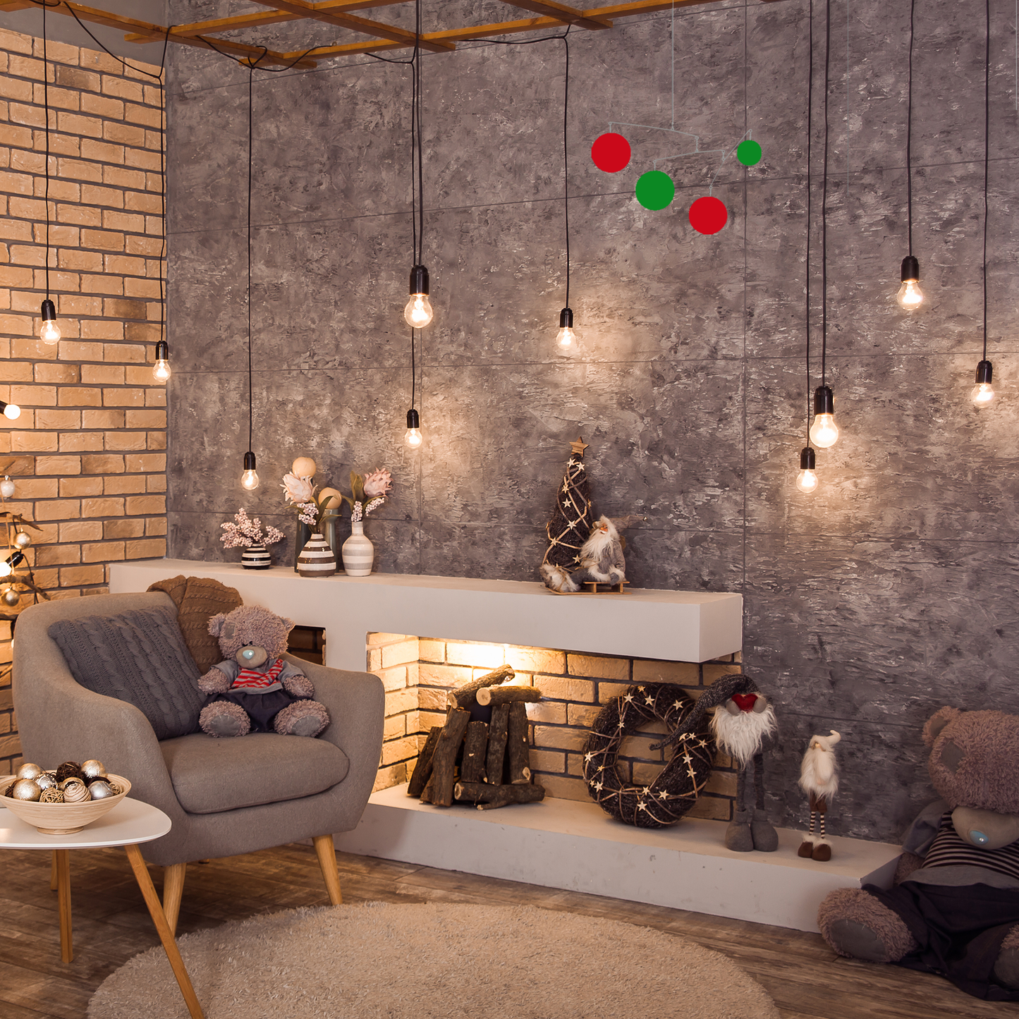 Warm living room with teddy bears and festive mid century modern hanging art mobile by AtomicMobiles.com