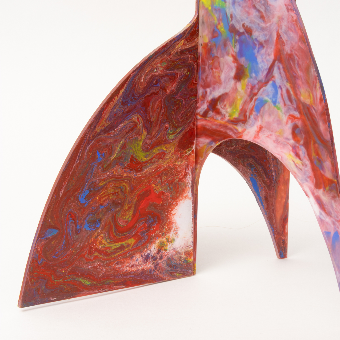 Closeup showing beautiful hand painted kinetic art mobile by AtomicMobiles.com - one of a kind abstract modern art