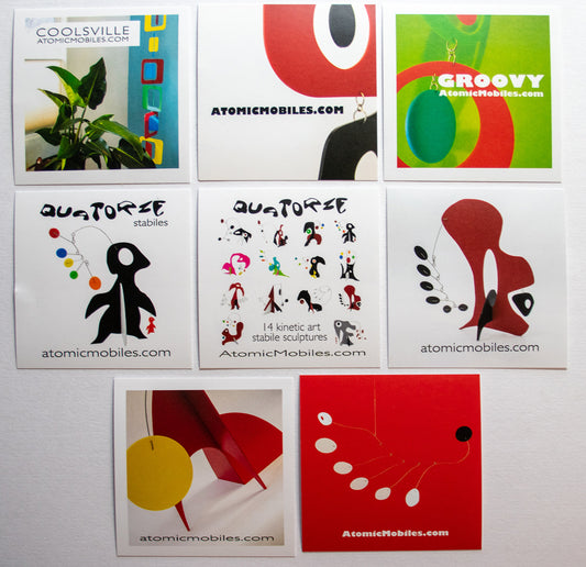 Set of 8 colorful fun stickers featuring AtomicMobiles.com mobiles and stabiles, designed by owner Debra Ann
