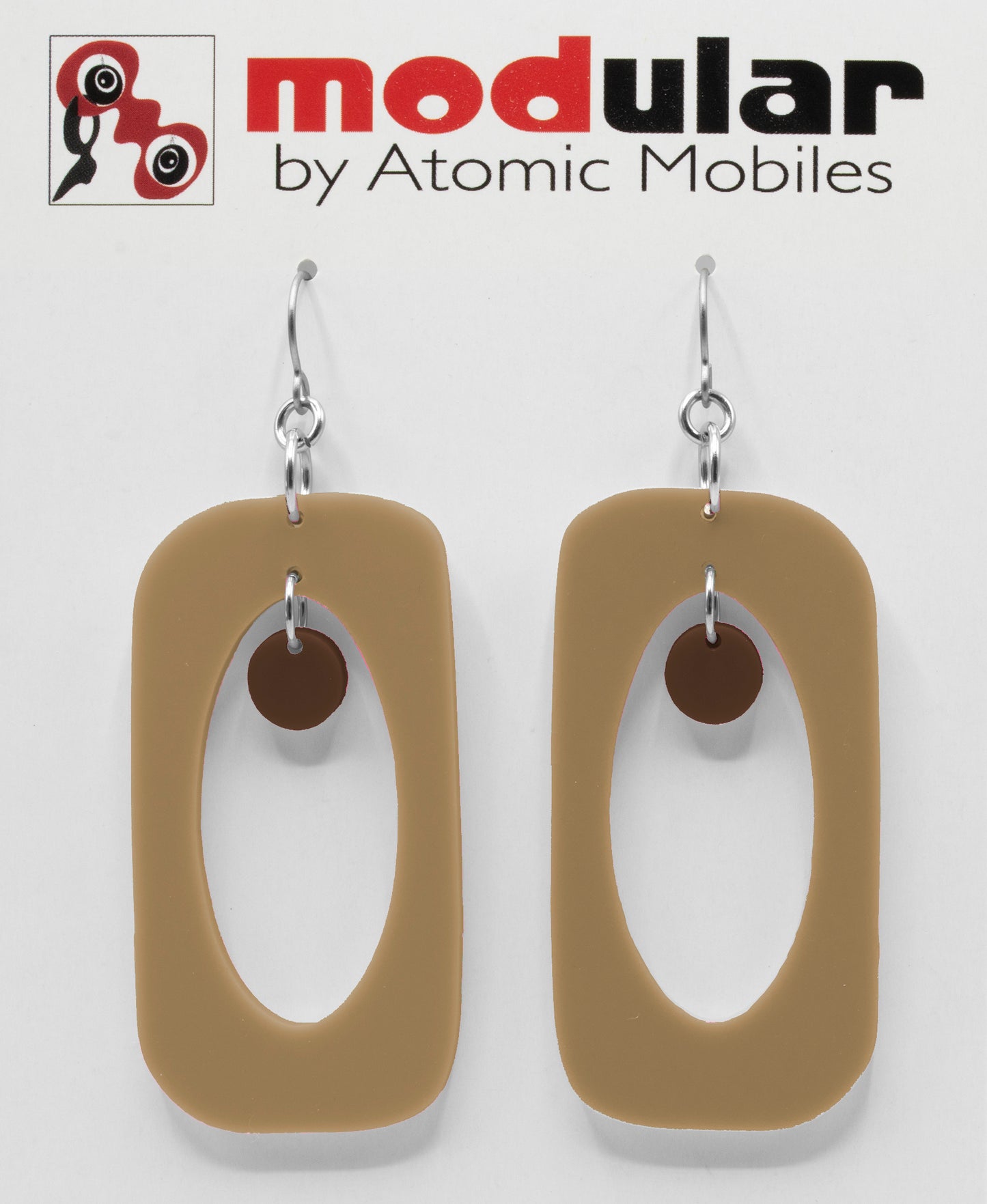 MODular Earrings - Beatnik Boho Statement Earrings in Beige Tan and Brown by AtomicMobiles.com - retro era inspired mod handmade jewelry