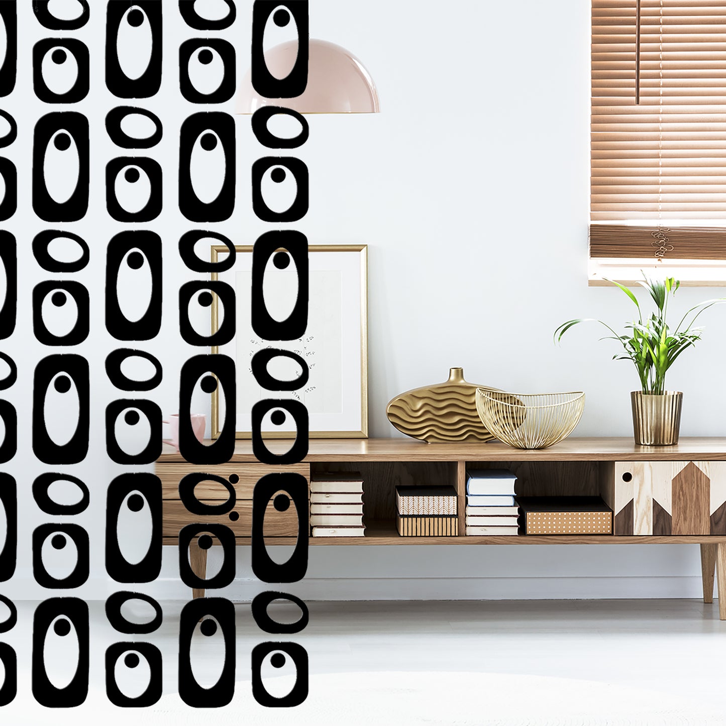 Black Beatnik Party Room Divider with modern sideboard credenza, decorations, and plant - Retro Room Dividers by AtomicMobiles.com