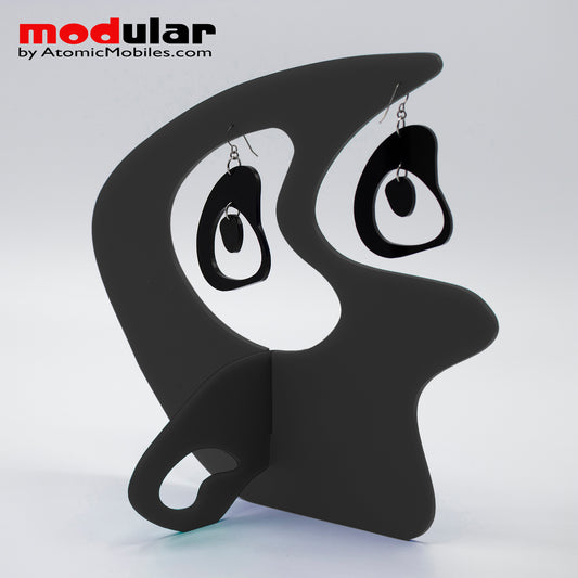 Handmade Boomerang Retro style earrings and stabile kinetic modern art sculpture in Black by AtomicMobiles.com
