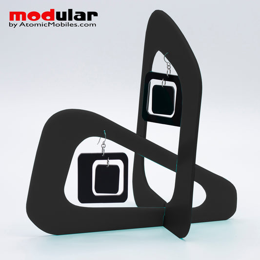 Handmade Coolsville mod style earrings and stabile kinetic modern art sculpture in Black by AtomicMobiles.com