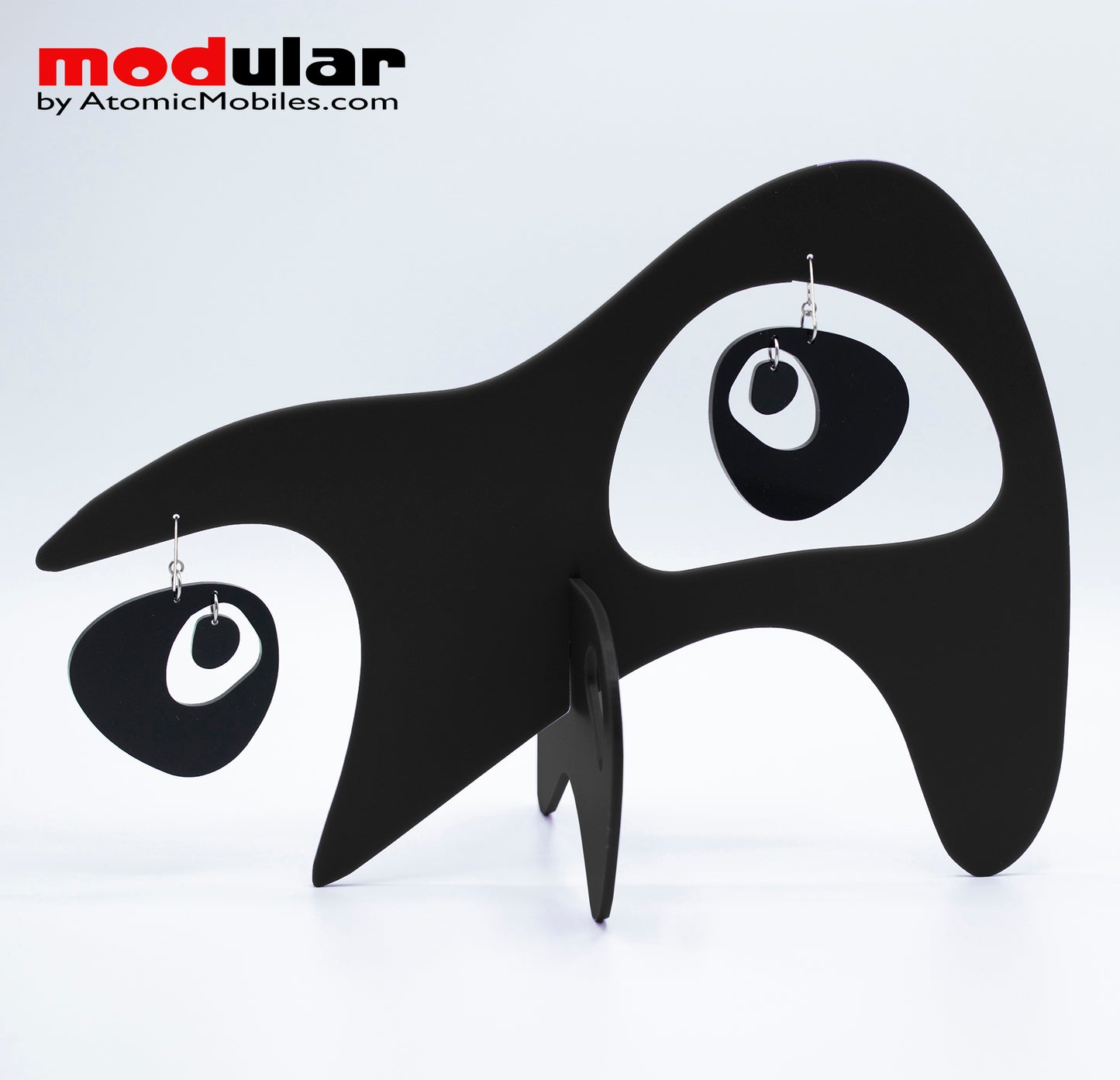 Handmade Googie style earrings and stabile kinetic modern art sculpture in Black by AtomicMobiles.com