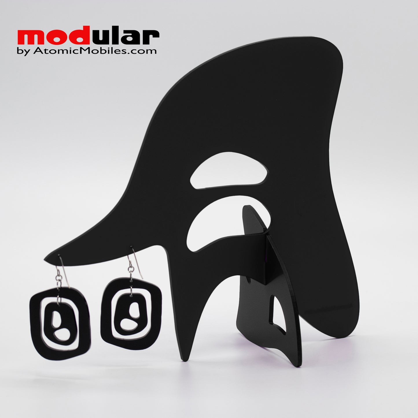 Handmade Mid 20th mod style earrings and stabile kinetic modern art sculpture in Black by AtomicMobiles.com