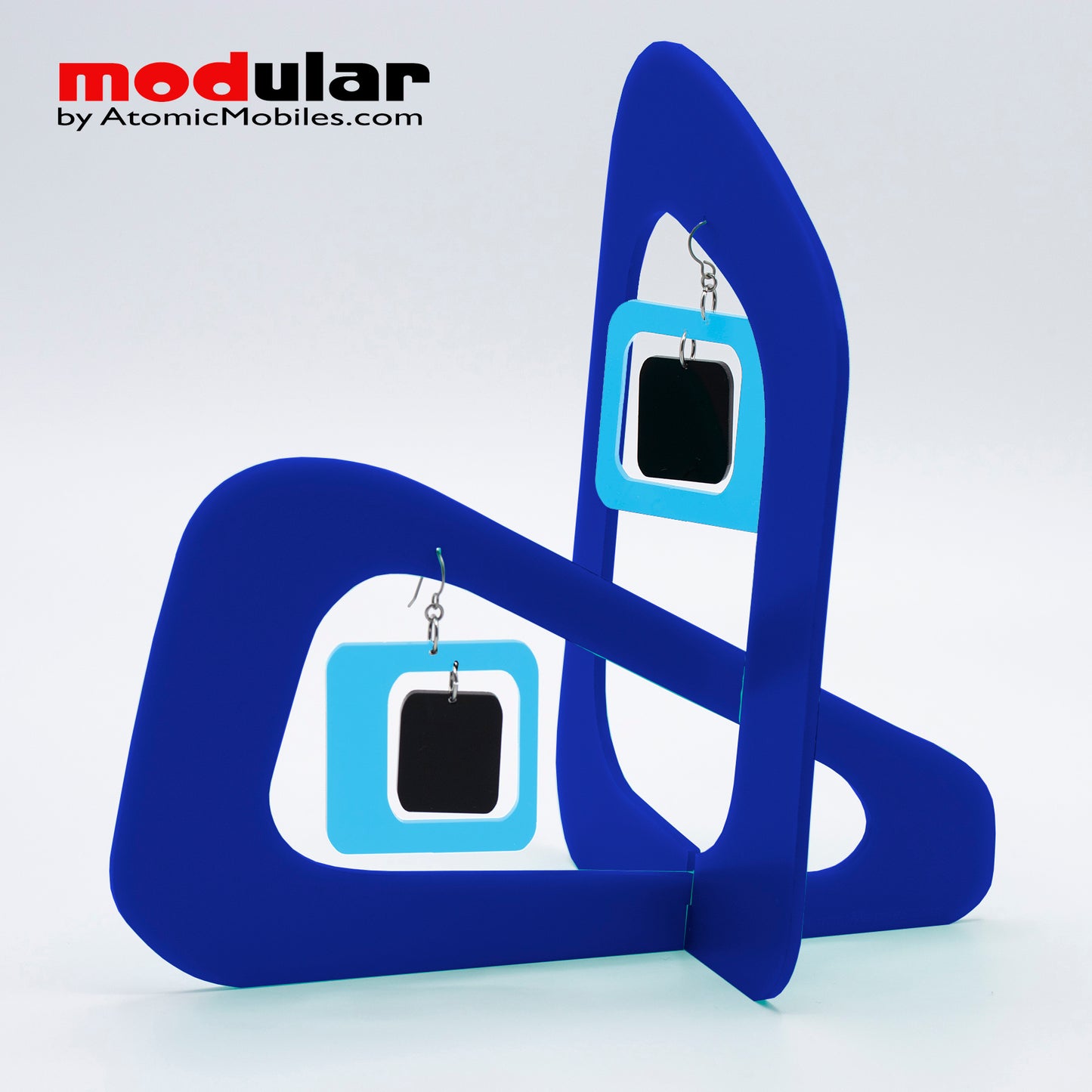 Handmade Coolsville mod style earrings and stabile kinetic modern art sculpture in Blue and Black by AtomicMobiles.com