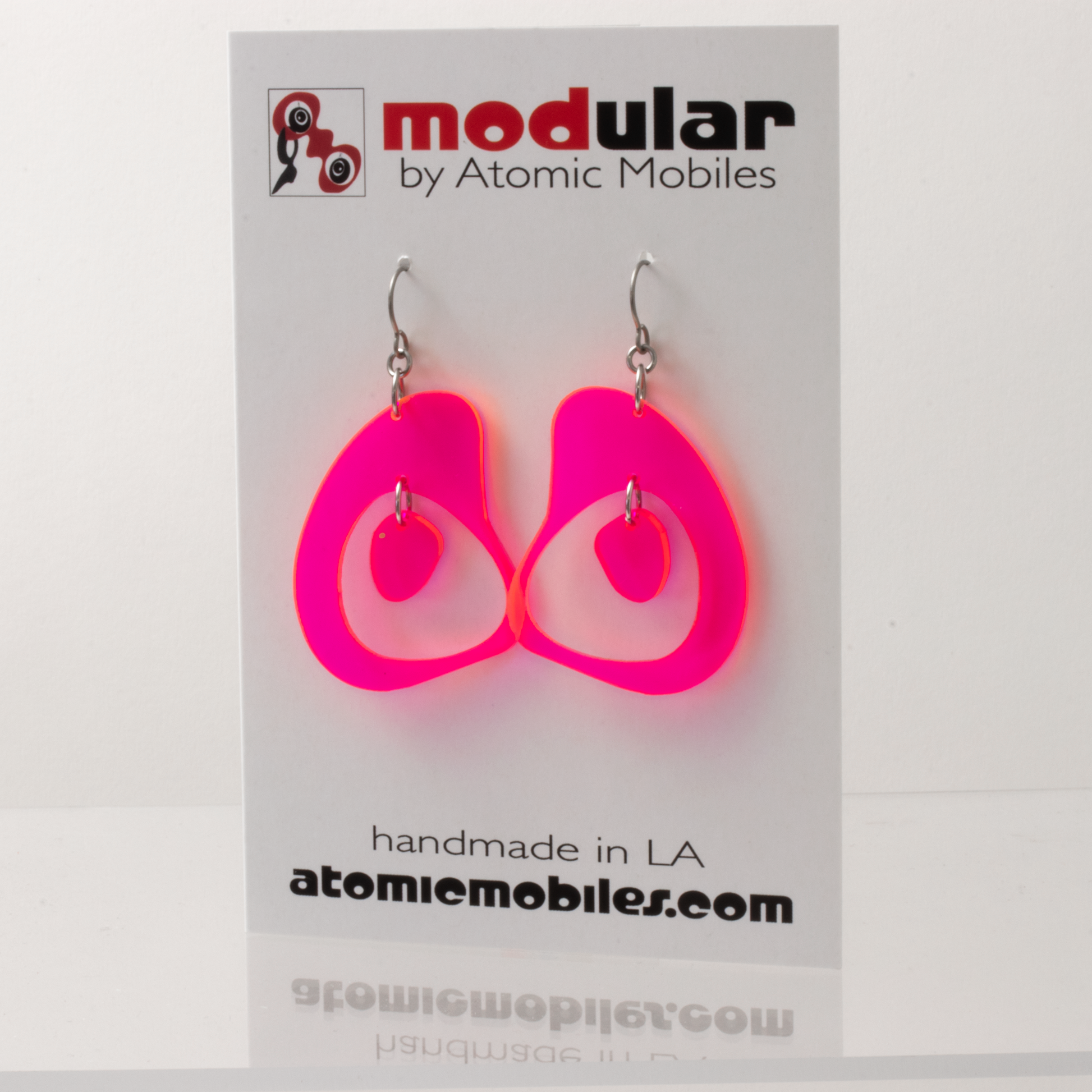 Boomerang 1970s Mid Century Modern Style Earrings in Neon Fluorescent Hot Pink plexiglass acrylic by AtomicMobiles.com