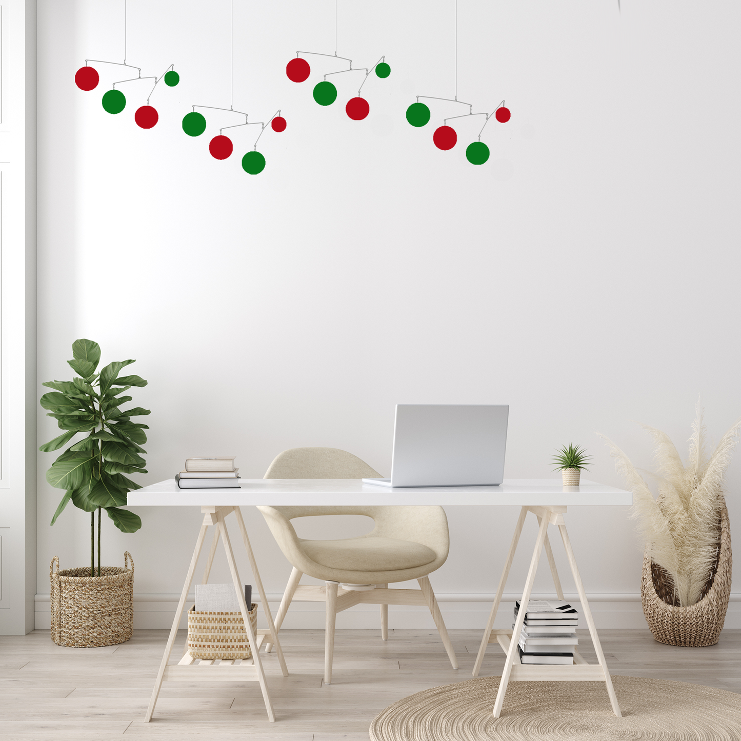 Festive home office with red and green Christmas hanging art mobiles by AtomicMobiles.com