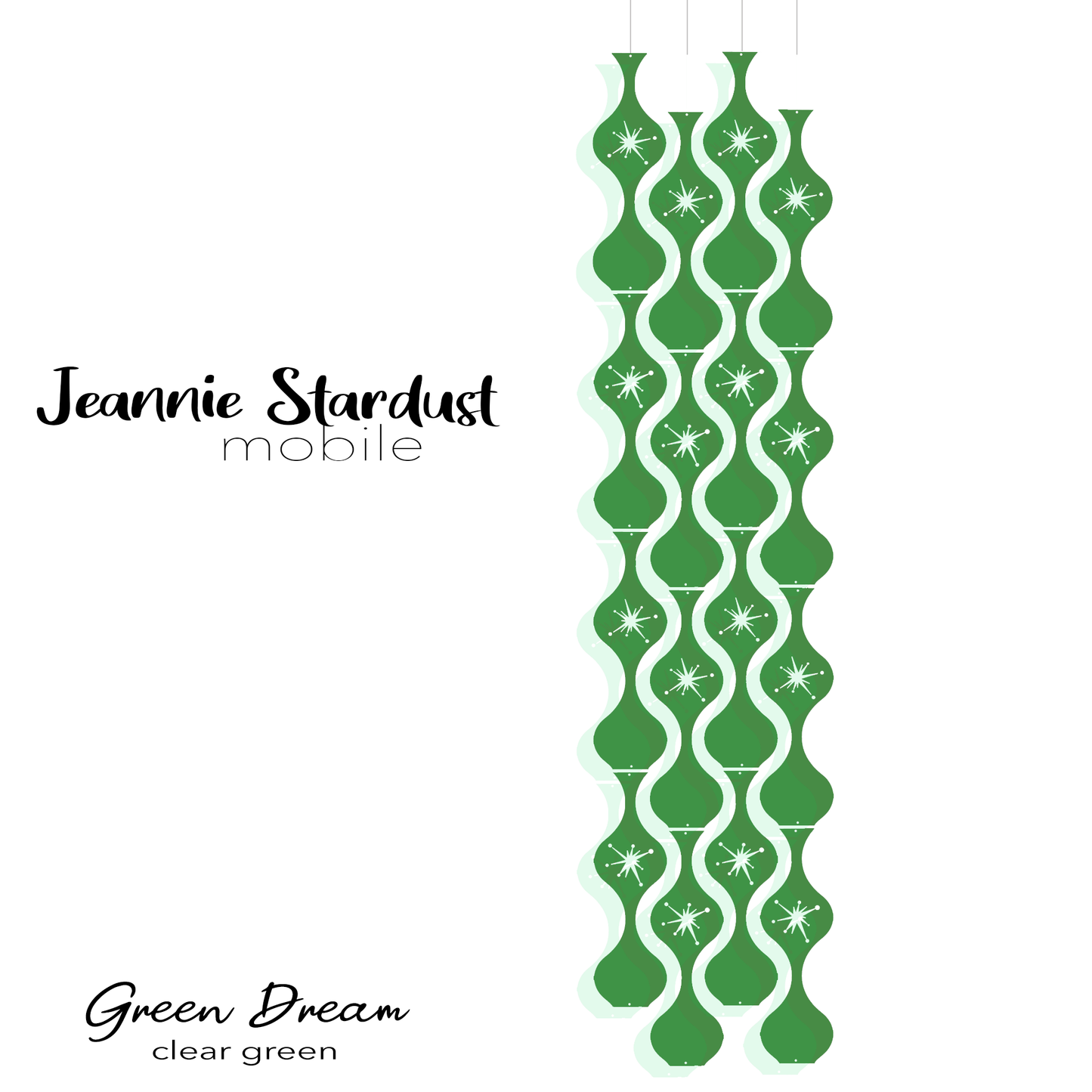 Jeannie Stardust Green Dream - Clear green plexiglass acrylic hanging art mobiles in mid century modern style for home decor by AtomicMobiles.com
