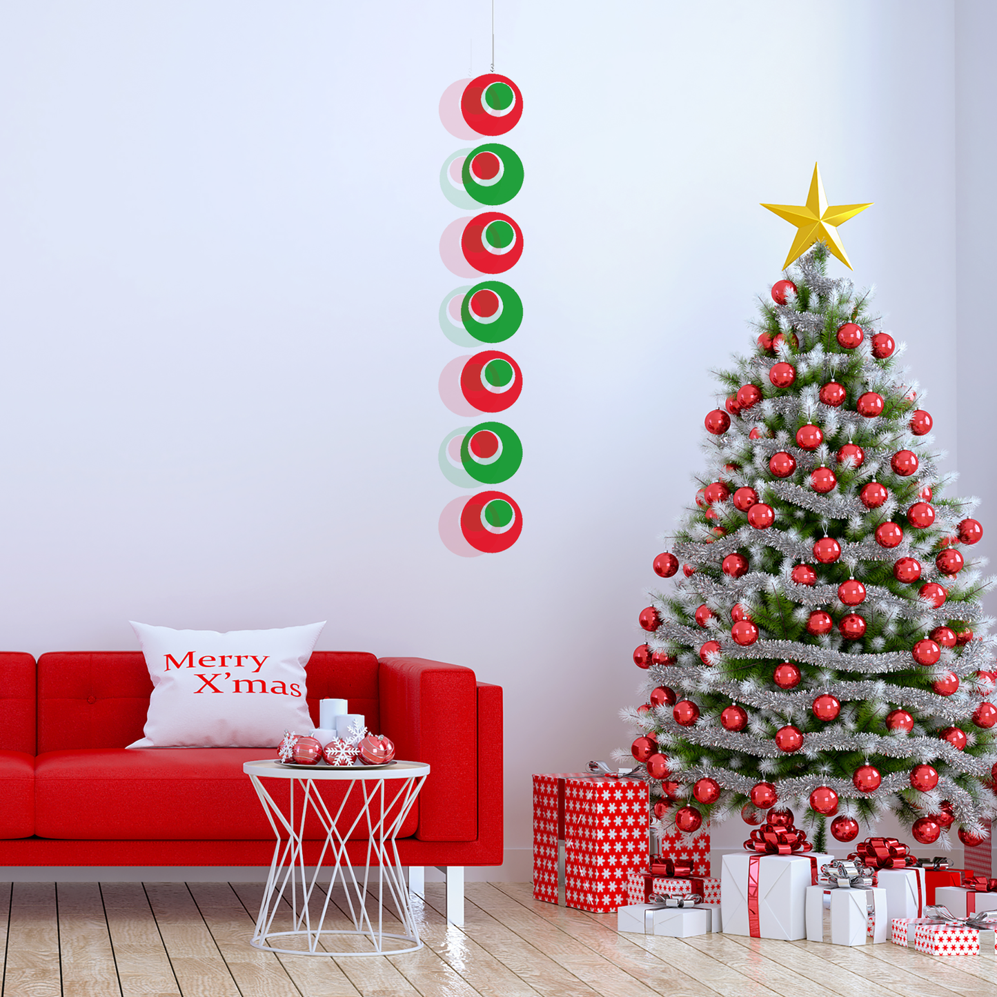 Christmas decorated living room with red and green hanging art mobile with lovely Christmas tree, red sofa, and presents - DIY KIt by AtomicMobiles.com