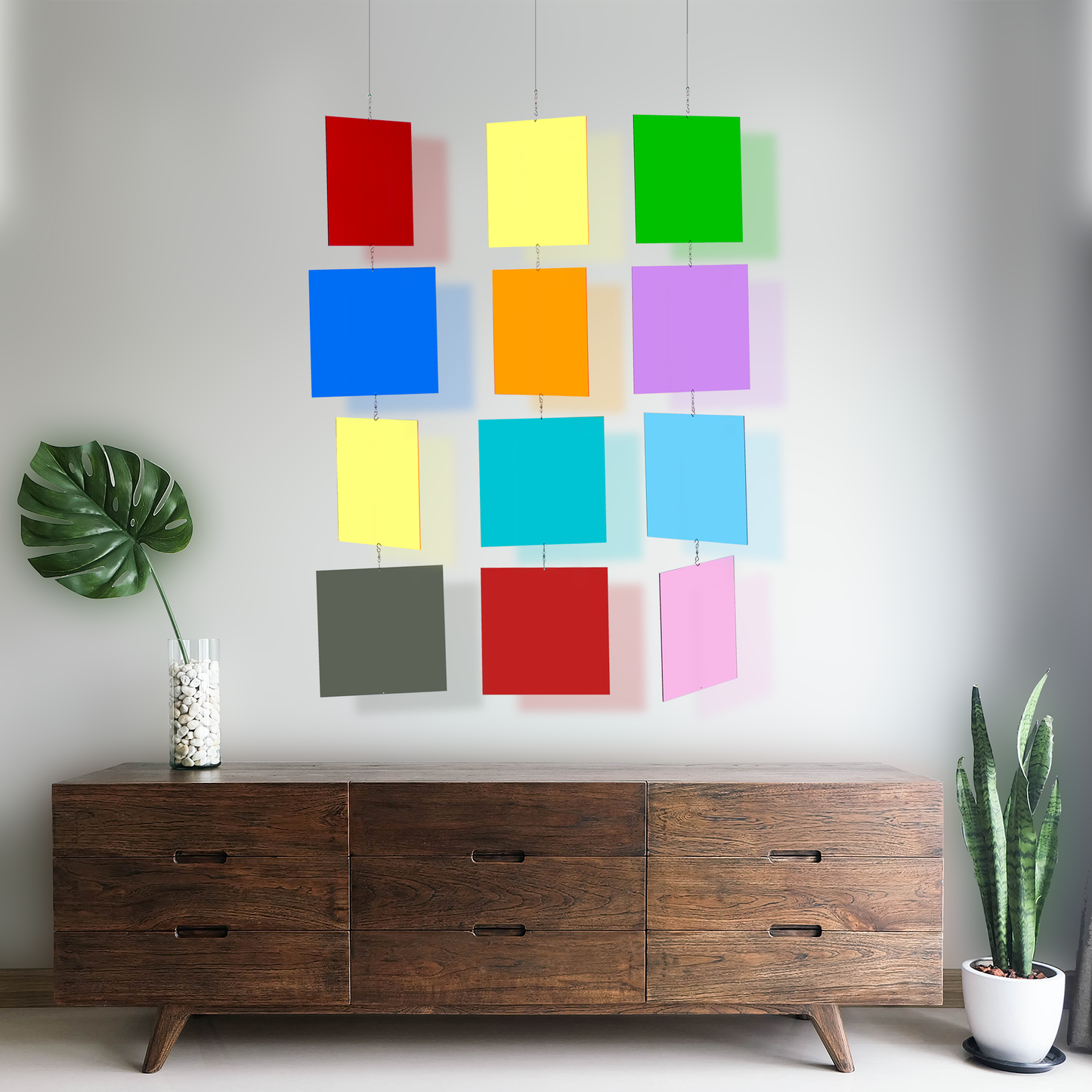 Gorgeous wooden credenza with MODcast art installation panels - kinetic art mobile in multi colors of clear plexiglass acrylic panels - handmade in Los Angeles California by Debra Ann of AtomicMobiles.com