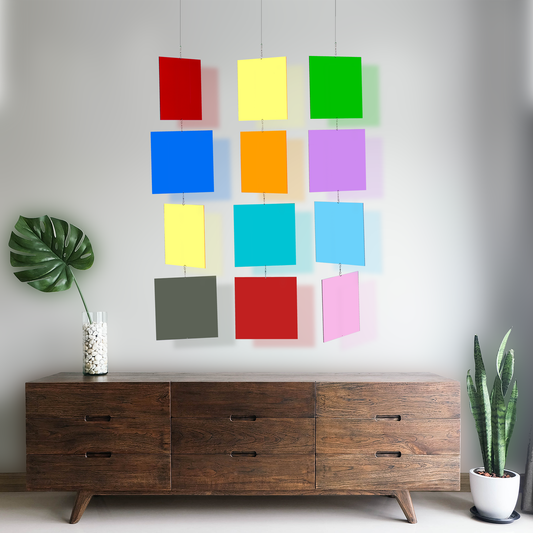 Gorgeous wooden credenza with MODcast art installation panels - kinetic art mobile in multi colors of clear plexiglass acrylic panels - handmade in Los Angeles California by Debra Ann of AtomicMobiles.com