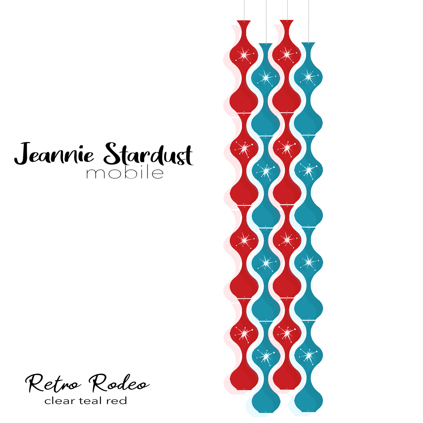 Jeannie Stardust Retro Rodeo - Clear ruby red and teal plexiglass acrylic hanging art mobiles in mid century modern style for home decor by AtomicMobiles.com