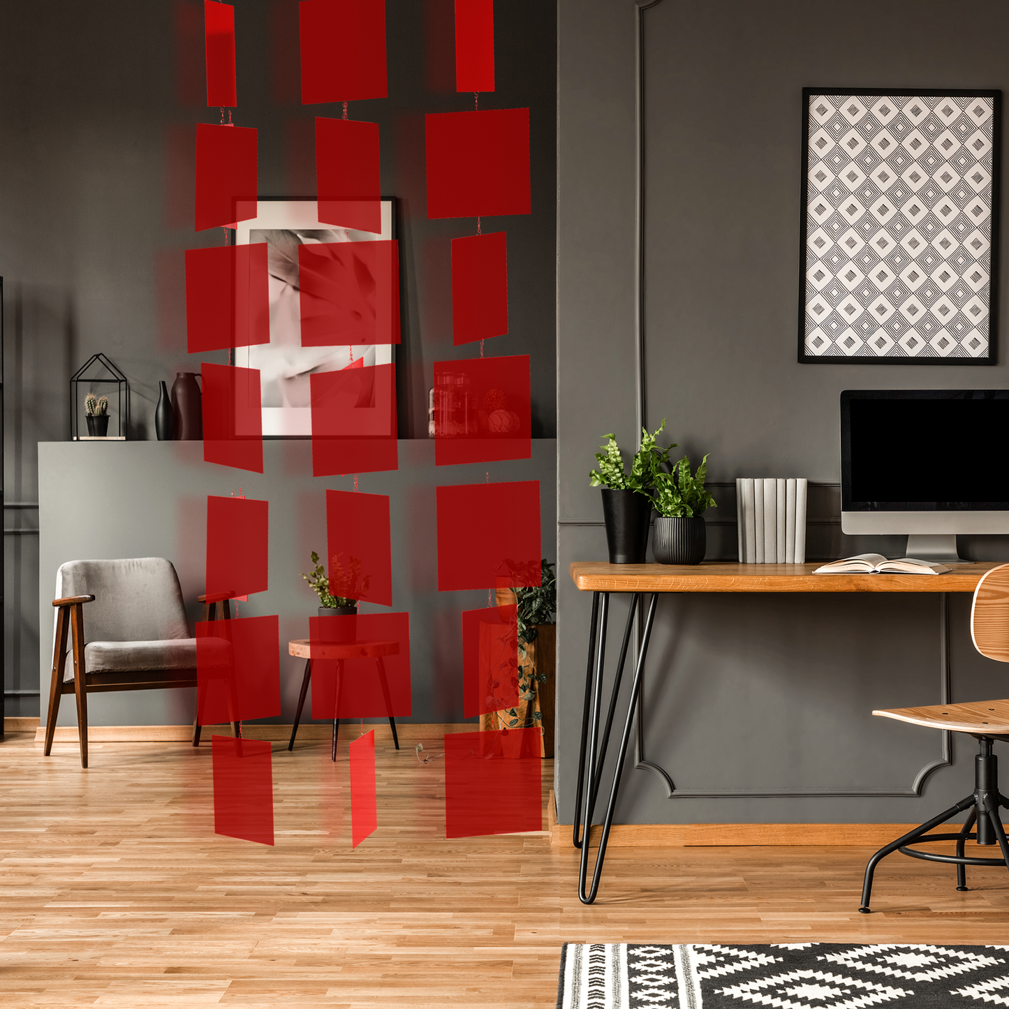 Clear Red MODcast Room Divider in modern home office with Mac, desk, wood floor, and gray walls - hanging room dividers by AtomicMobiles.com