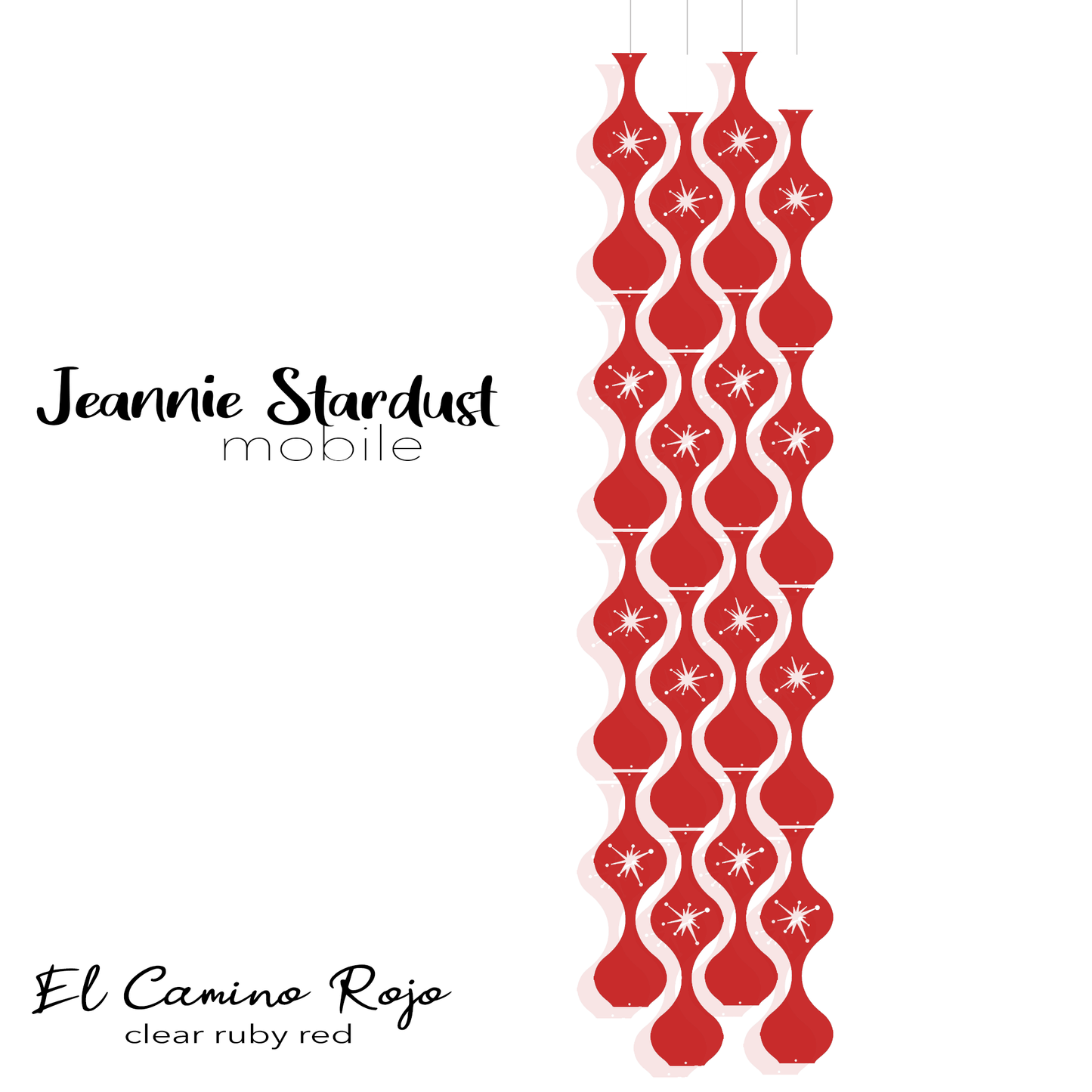 Jeannie Stardust El Camino Rojo Red - Clear red plexiglass acrylic hanging art mobiles in mid century modern style for home decor by AtomicMobiles.com