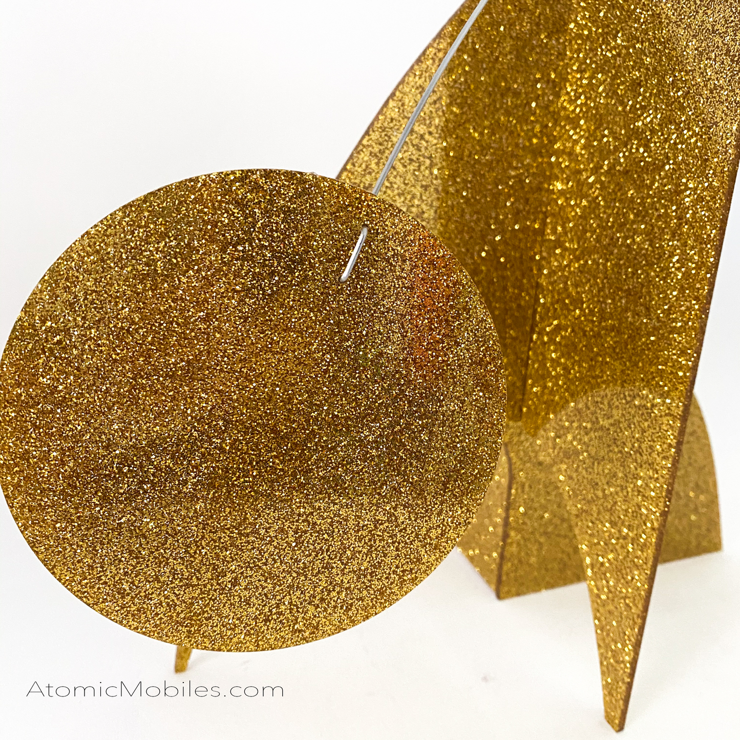 Closeup of Gorgeous Glitter Gold Modern Art Sculpture Stabile - Limited Edition Kinetic Art by AtomicMobiles.com