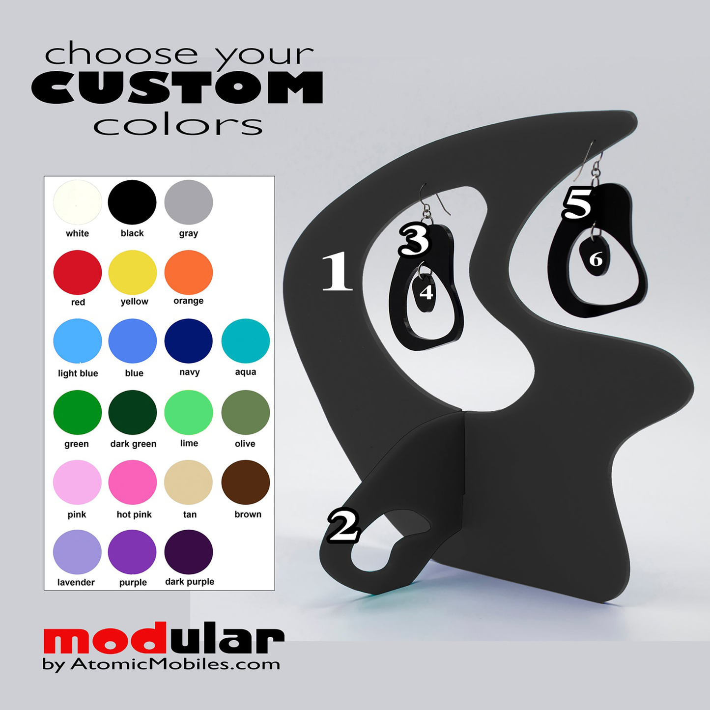 Color Chart for Retro Mid Century Modern Boomerang Earring + Art Stabile Earrings Holder by AtomicMobiles.com