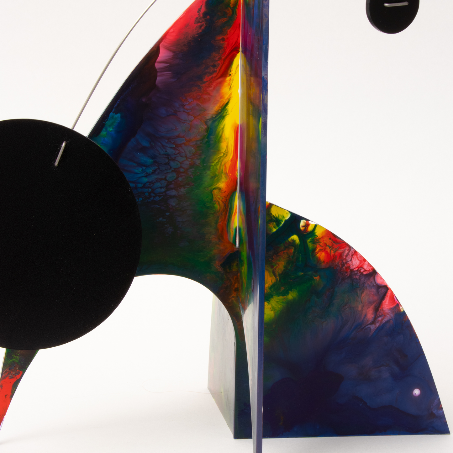 Dark red, blue, yellow, green modern kinetic art sculpture stabile - one of a kind hand painted stabiles by AtomicMobiles.com