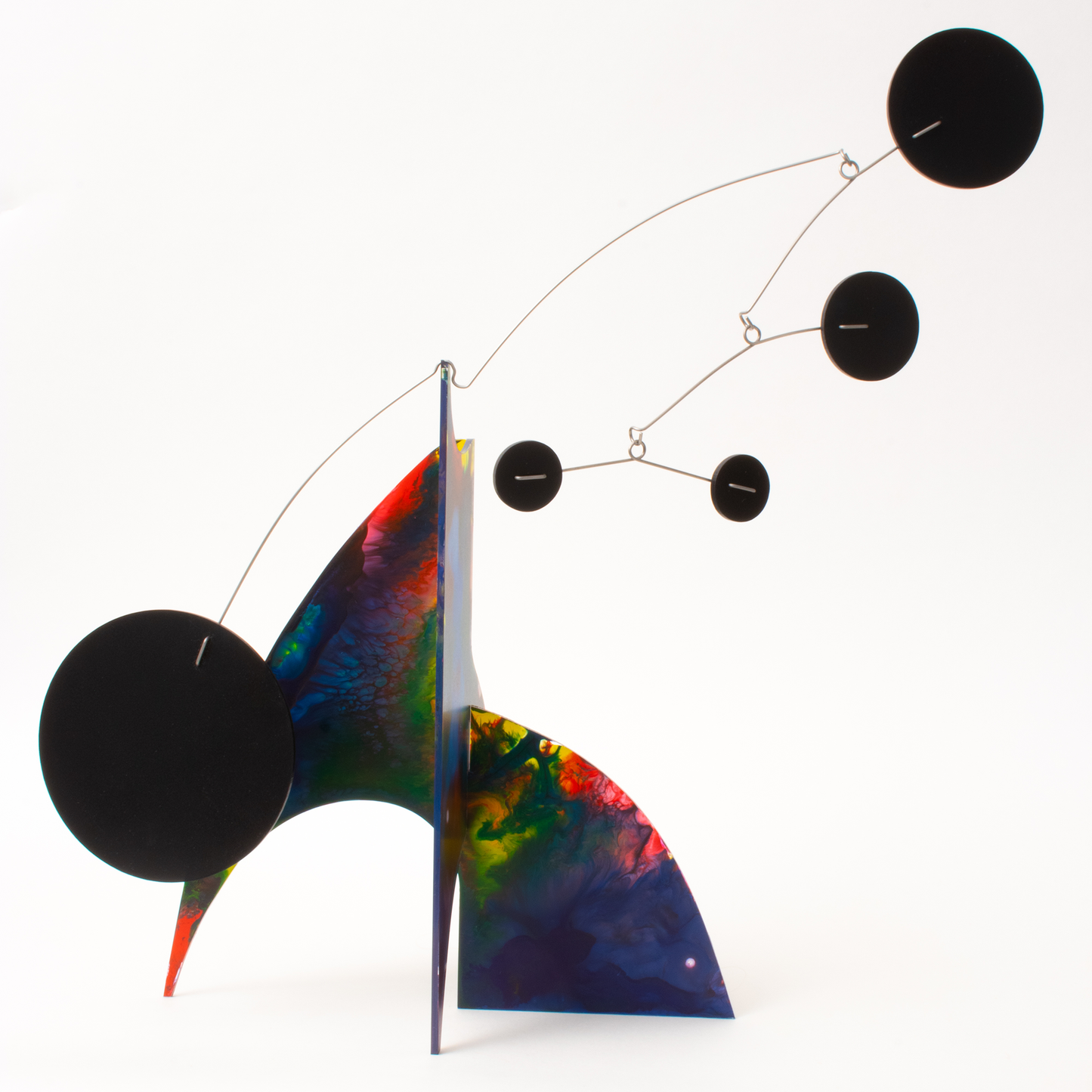 Full view of Dark red, blue, yellow, green modern kinetic art sculpture stabile - one of a kind hand painted stabiles by AtomicMobiles.com