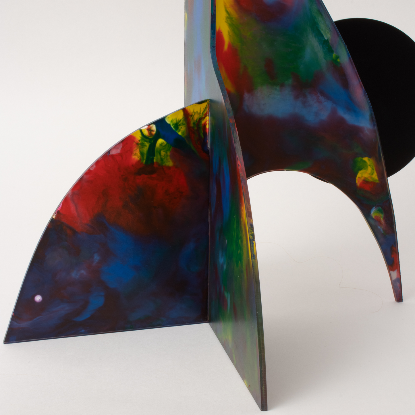 Bottom of dark red, blue, yellow, green modern kinetic art sculpture stabile - one of a kind hand painted stabiles by AtomicMobiles.com