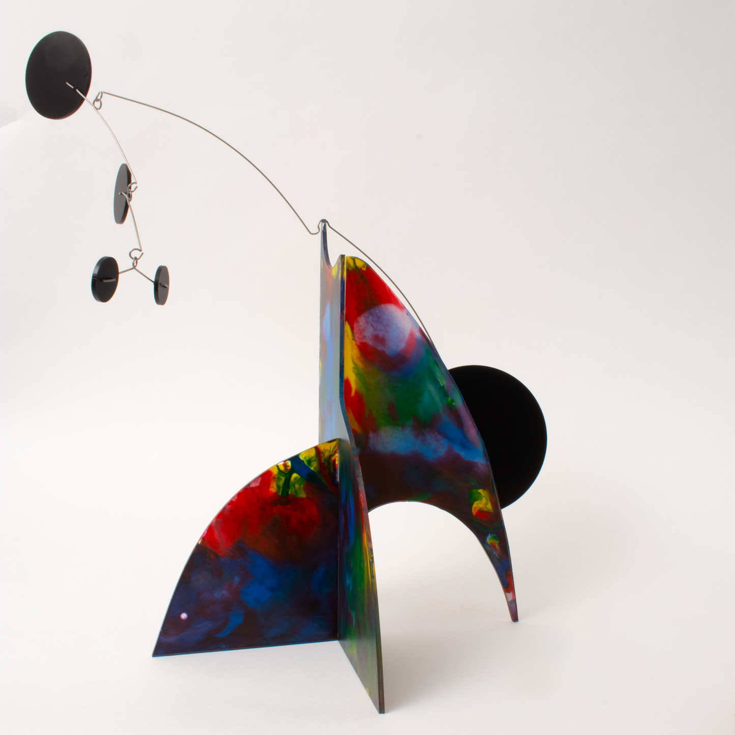 Reverse side of dark red, blue, yellow, green modern kinetic art sculpture stabile - one of a kind hand painted stabiles by AtomicMobiles.com