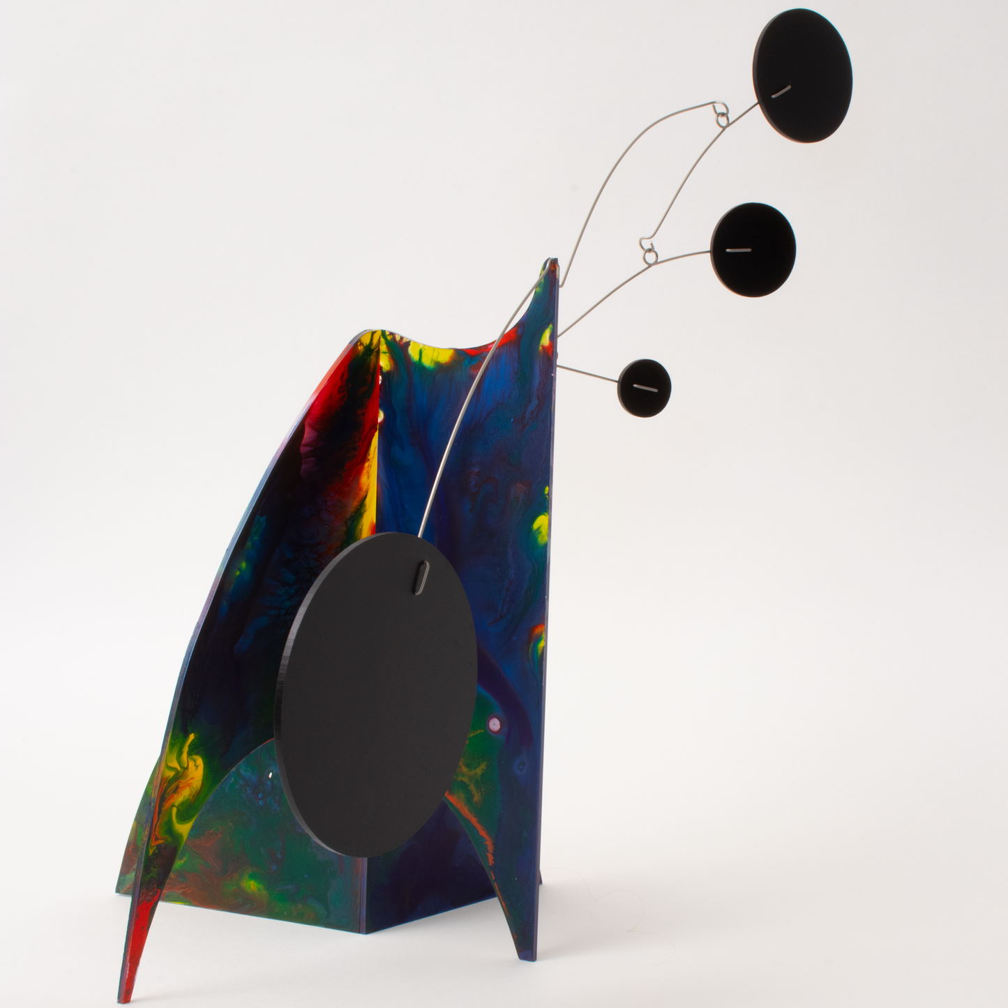 Beautiful dark red, blue, yellow, green modern kinetic art sculpture stabile - one of a kind hand painted stabiles by AtomicMobiles.com