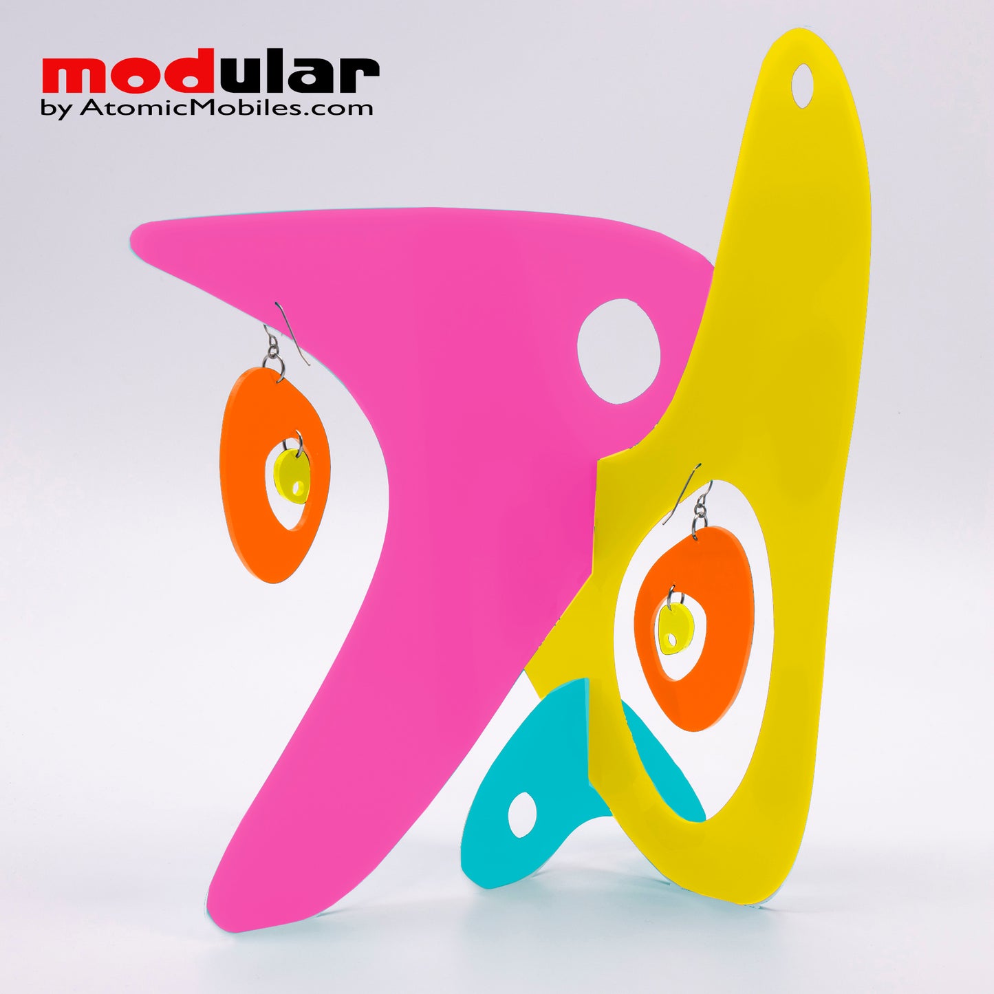 Handmade Modernist retro mid century style earrings and stabile kinetic modern art sculpture in Hot Pink Orange Yellow and Aqua by AtomicMobiles.com