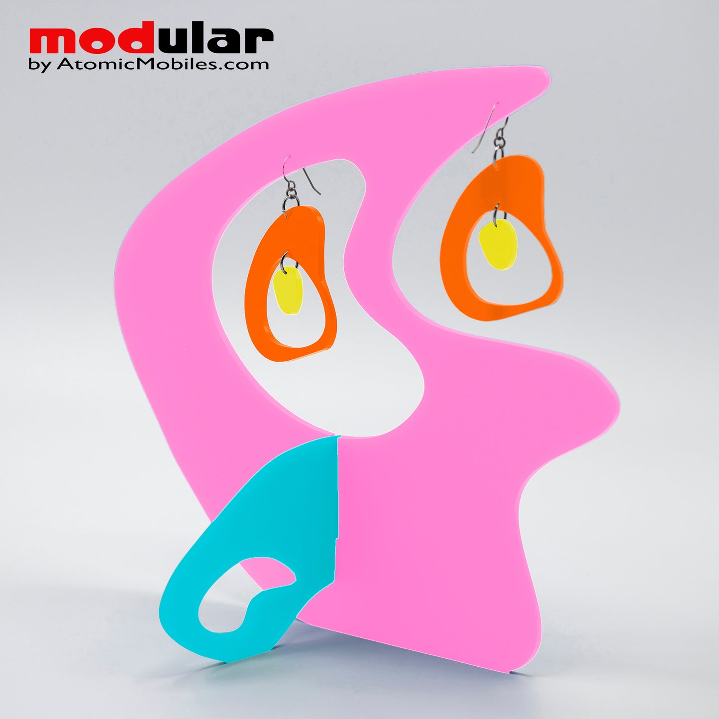Handmade Boomerang Retro style earrings and stabile kinetic modern art sculpture in Hot Pink Orange Aqua and Yellow by AtomicMobiles.com