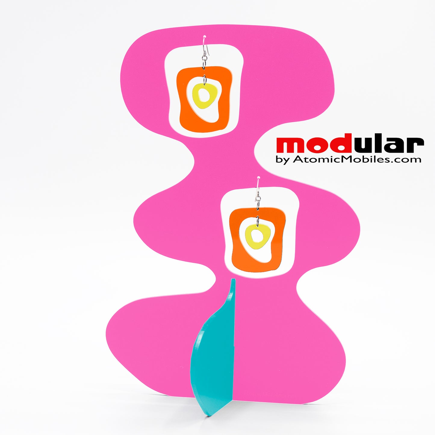 Handmade Mid Mod retro midcentury style earrings and stabile kinetic modern art sculpture in Hot Pink Orange Aqua and Yellow by AtomicMobiles.com