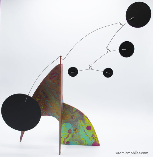 Stunning hand painted luminescent lime, blue, red, yellow color kinetic modern art stabile sculpture by AtomicMobiles.com