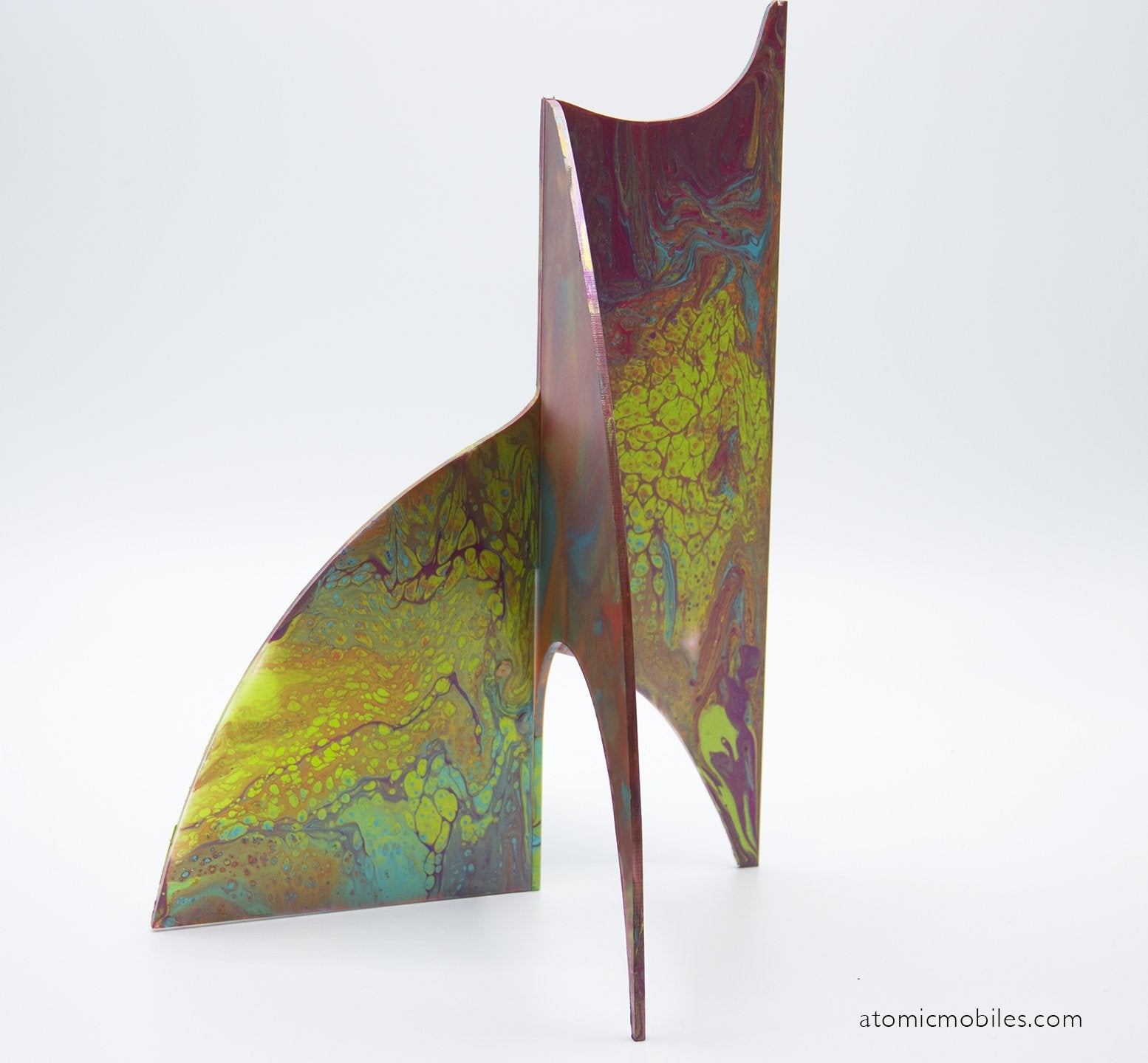 Luminescent lime, blue, red, yellow color kinetic modern art hand painted stabile sculpture by AtomicMobiles.com