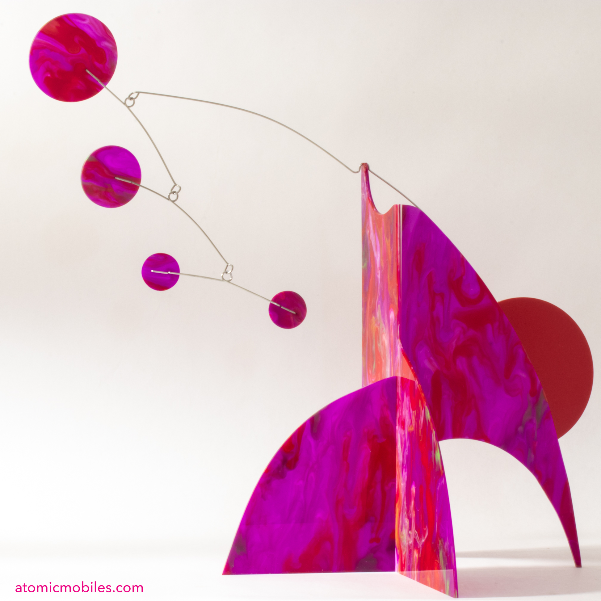 Back view of Fuchsia Fling Modern Art Stabile - table top kinetic art mobile in hot pink, purple, and red, handmade in Los Angeles by Debra Ann of AtomicMobiles.com