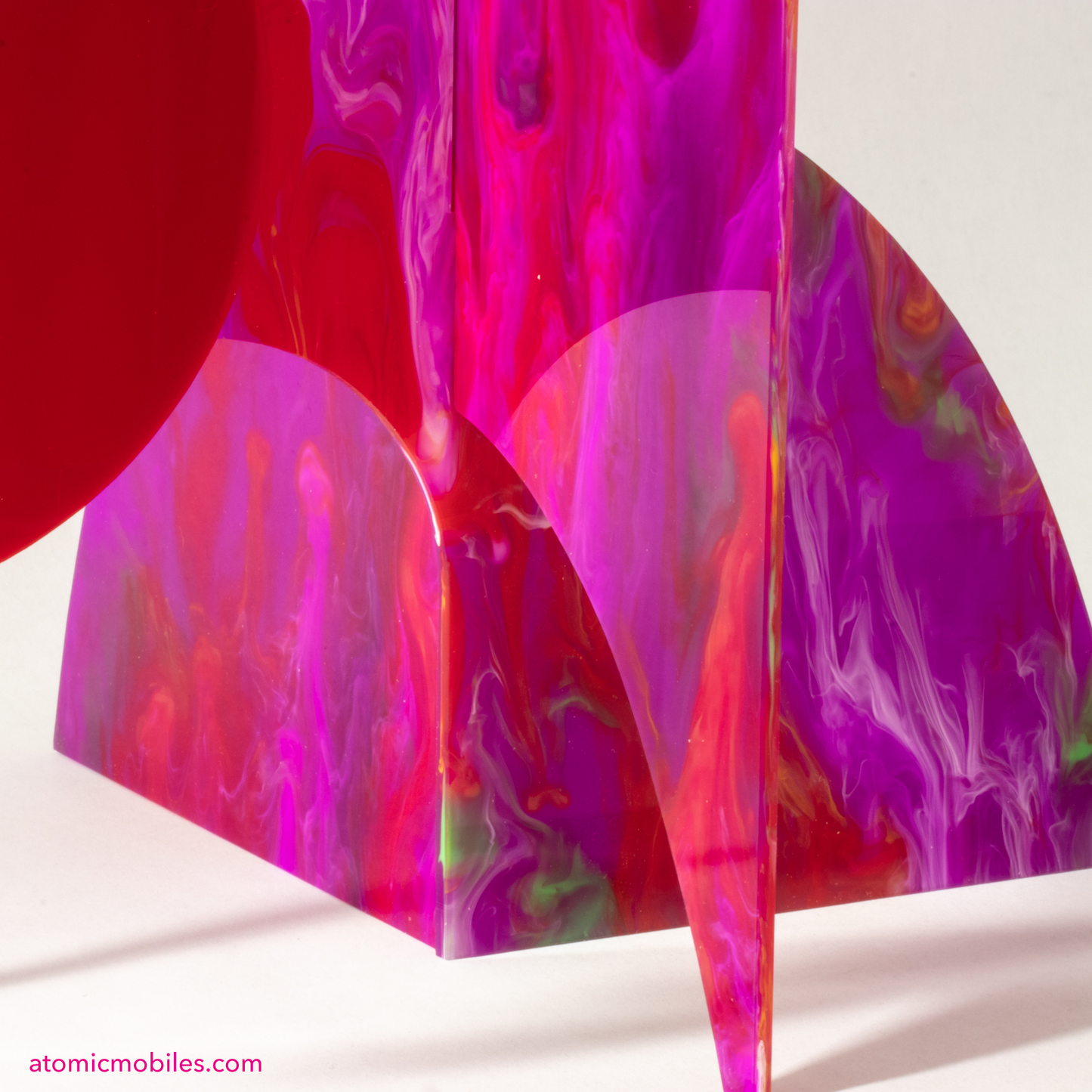 Closeup of Fuchsia Fling Modern Art Stabile - table top kinetic art mobile in hot pink, purple, and red, handmade in Los Angeles by Debra Ann of AtomicMobiles.com