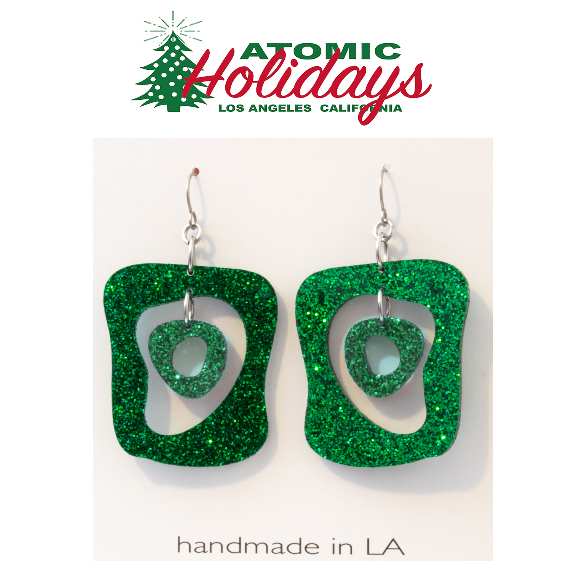 Atomic Holidays Mid Mod Statement Earrings in glitter green made in Los Angeles by AtomicMobiles.com