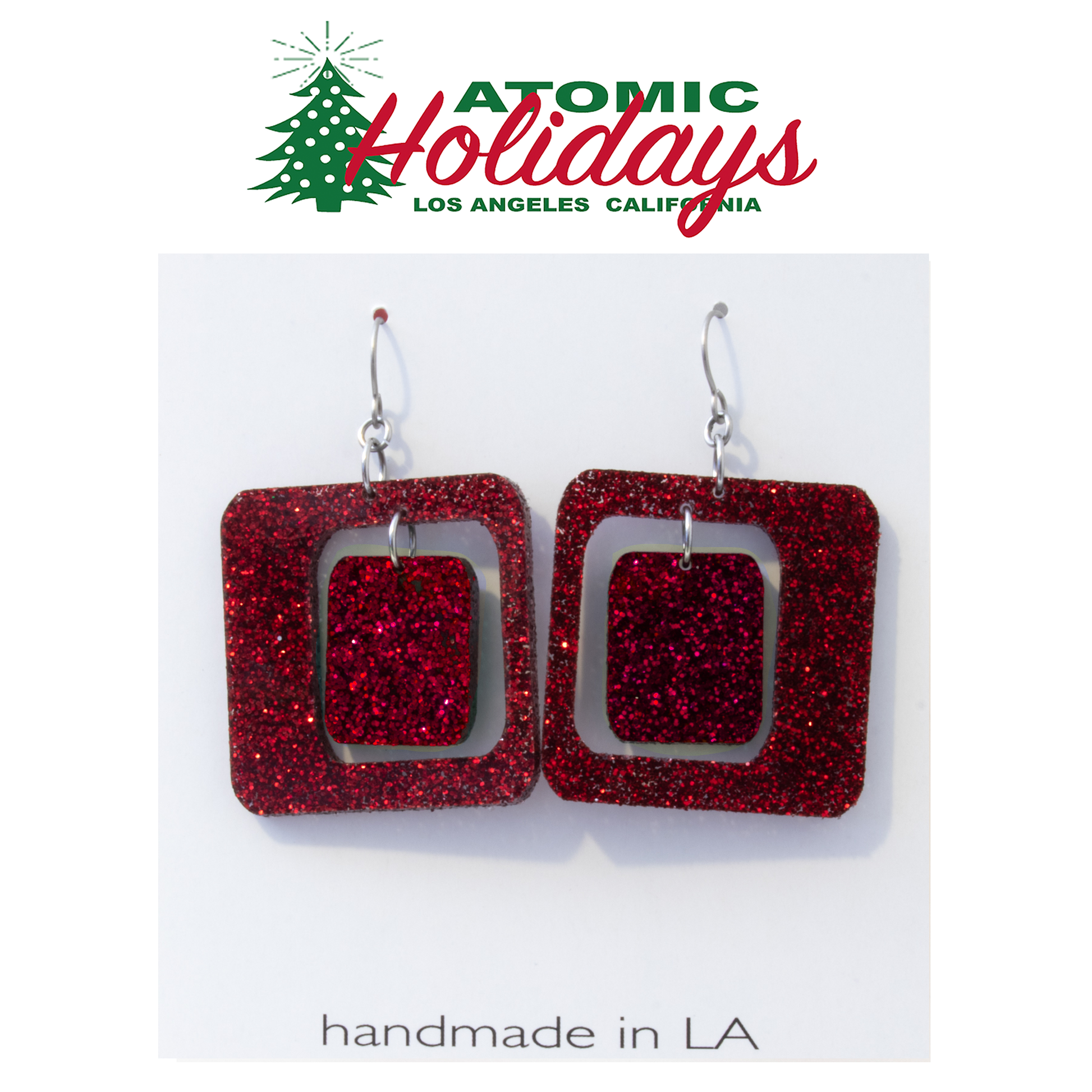 Atomic Holidays Statement Christmas Earrings in Glitter Red - mid century modern Coolsville style by AtomicMobiles.com