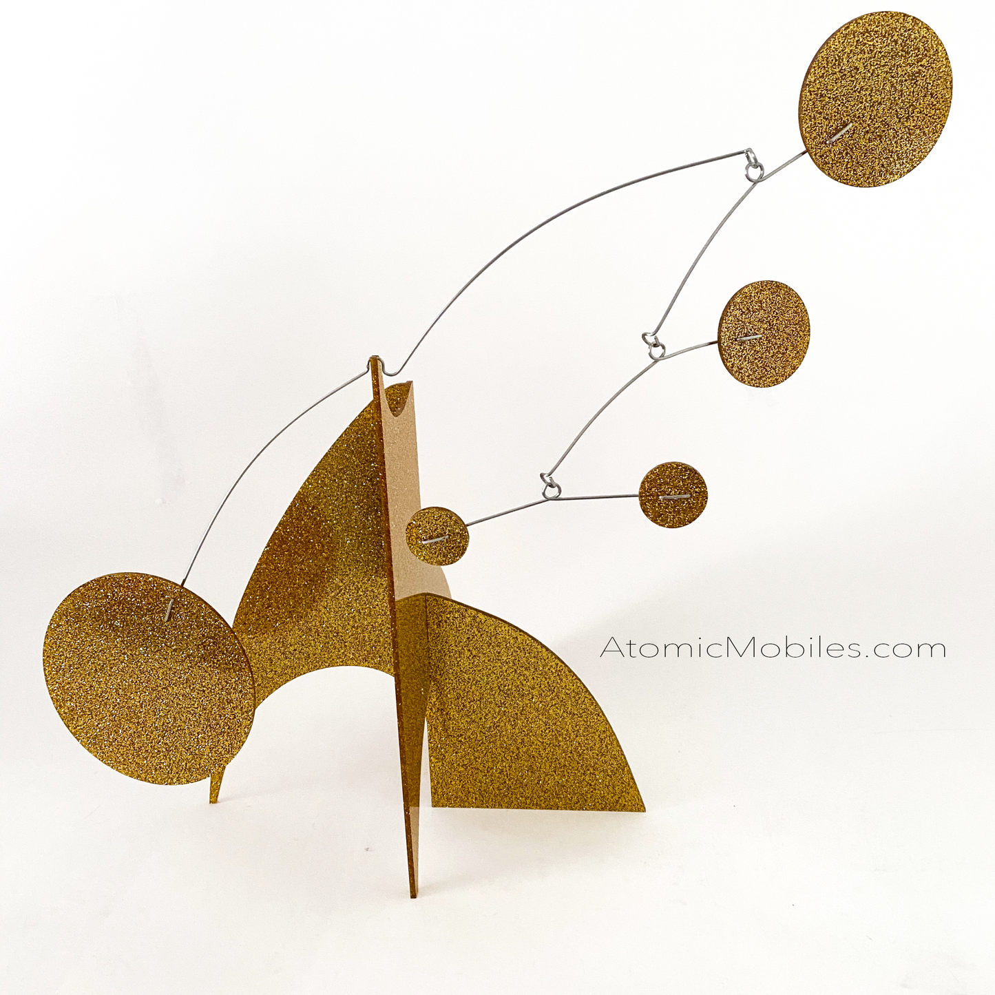 Closeup of Gorgeous Glitter Gold Modern Art Sculpture Stabile - Limited Edition Kinetic Art by AtomicMobiles.com