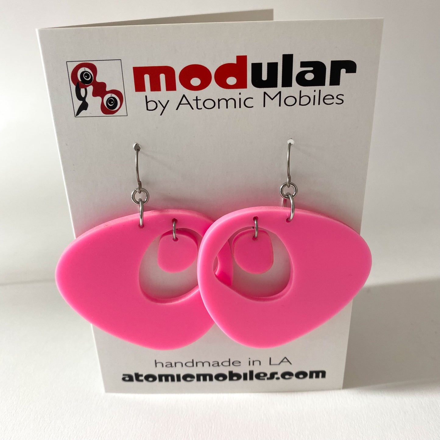 Pink Googie Earrings - retro mid century modern earrings in pink acrylic by AtomicMobiles.com