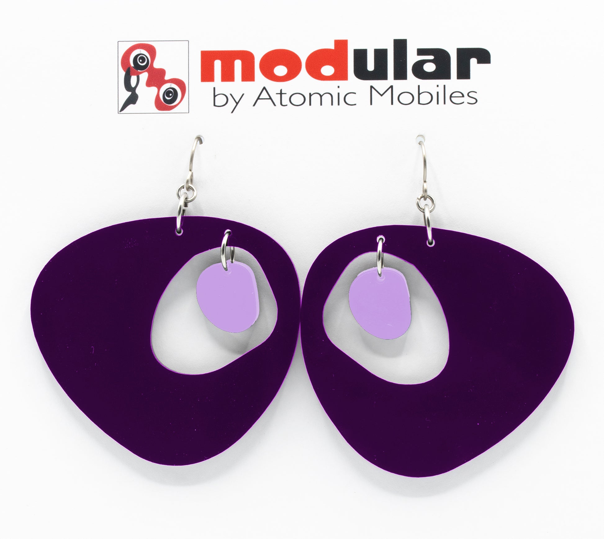 MODular Earrings - Boomerang Statement Earrings in Purple by AtomicMobiles.com - retro era inspired mod handmade jewelry