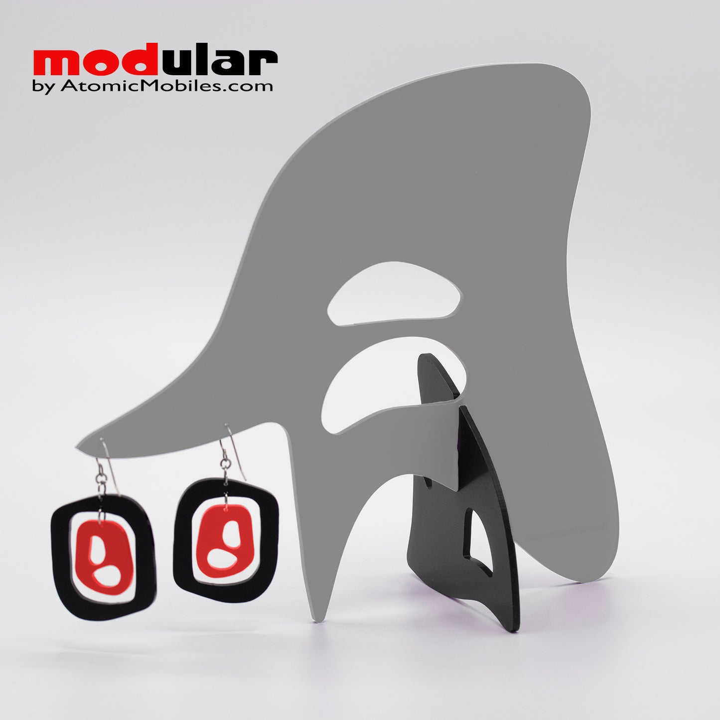 Handmade Mid 20th mod style earrings and stabile kinetic modern art sculpture in Gray Red and Black by AtomicMobiles.com
