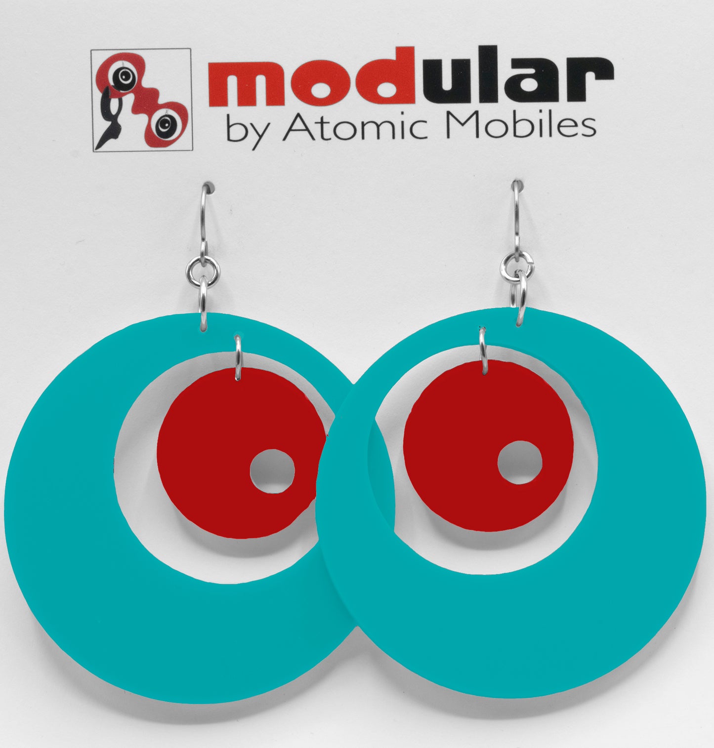 MODular Earrings - Groovy Statement Earrings in Aqua and Red by AtomicMobiles.com - retro era inspired mod handmade jewelry