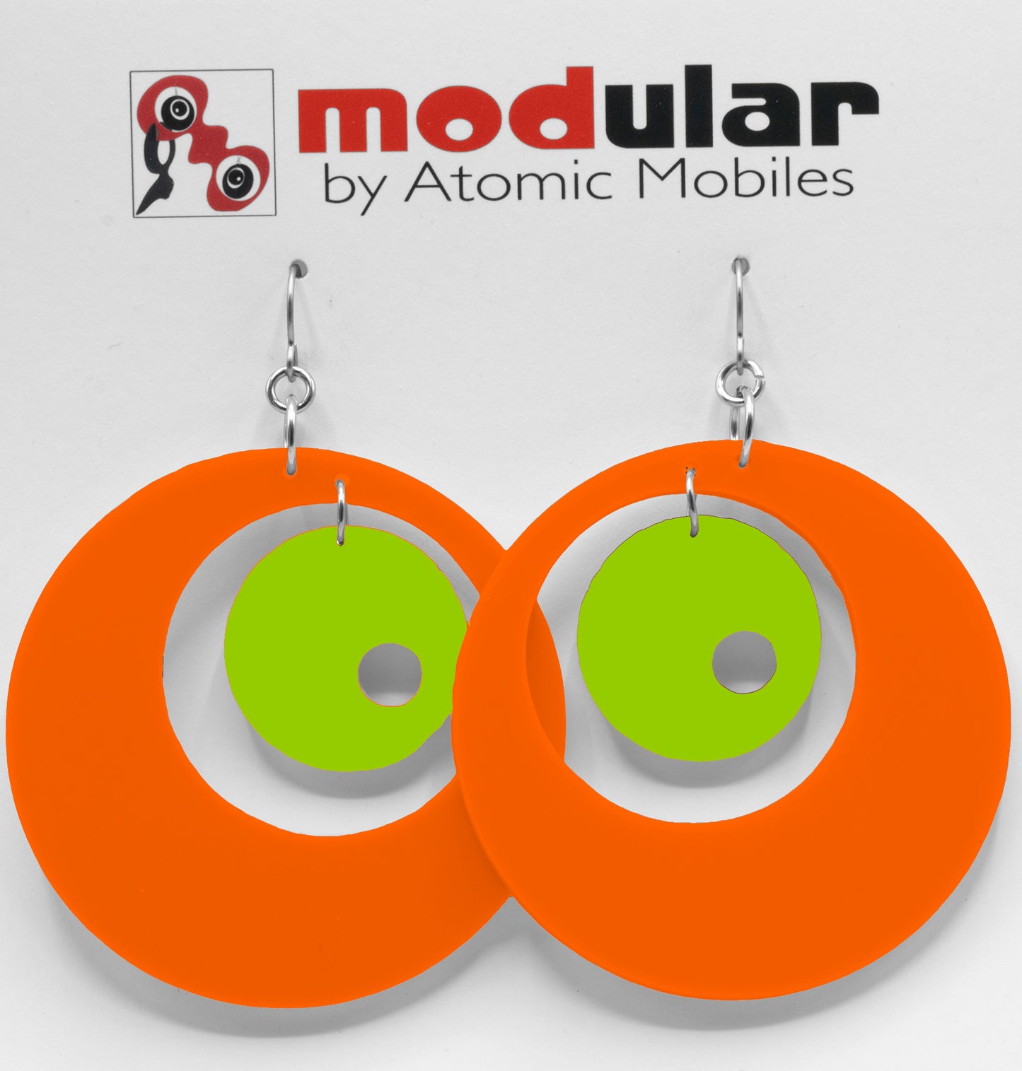 MODular Earrings - Groovy Statement Earrings in Orange and Lime by AtomicMobiles.com - retro era inspired mod handmade jewelry