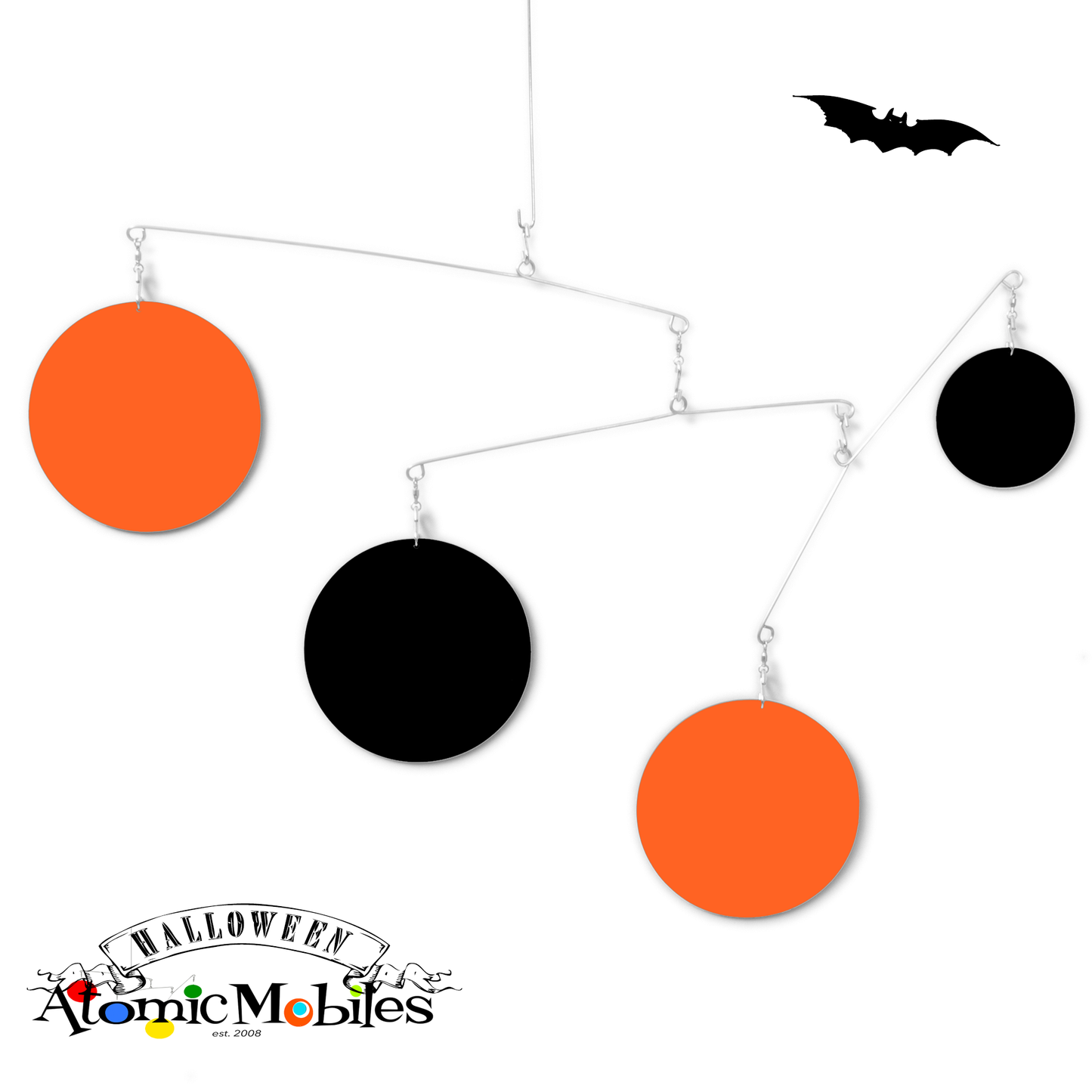 Unique Halloween Decoration - kinetic hanging art mobile in Halloween colors of Orange and Black by AtomicMobiles.com