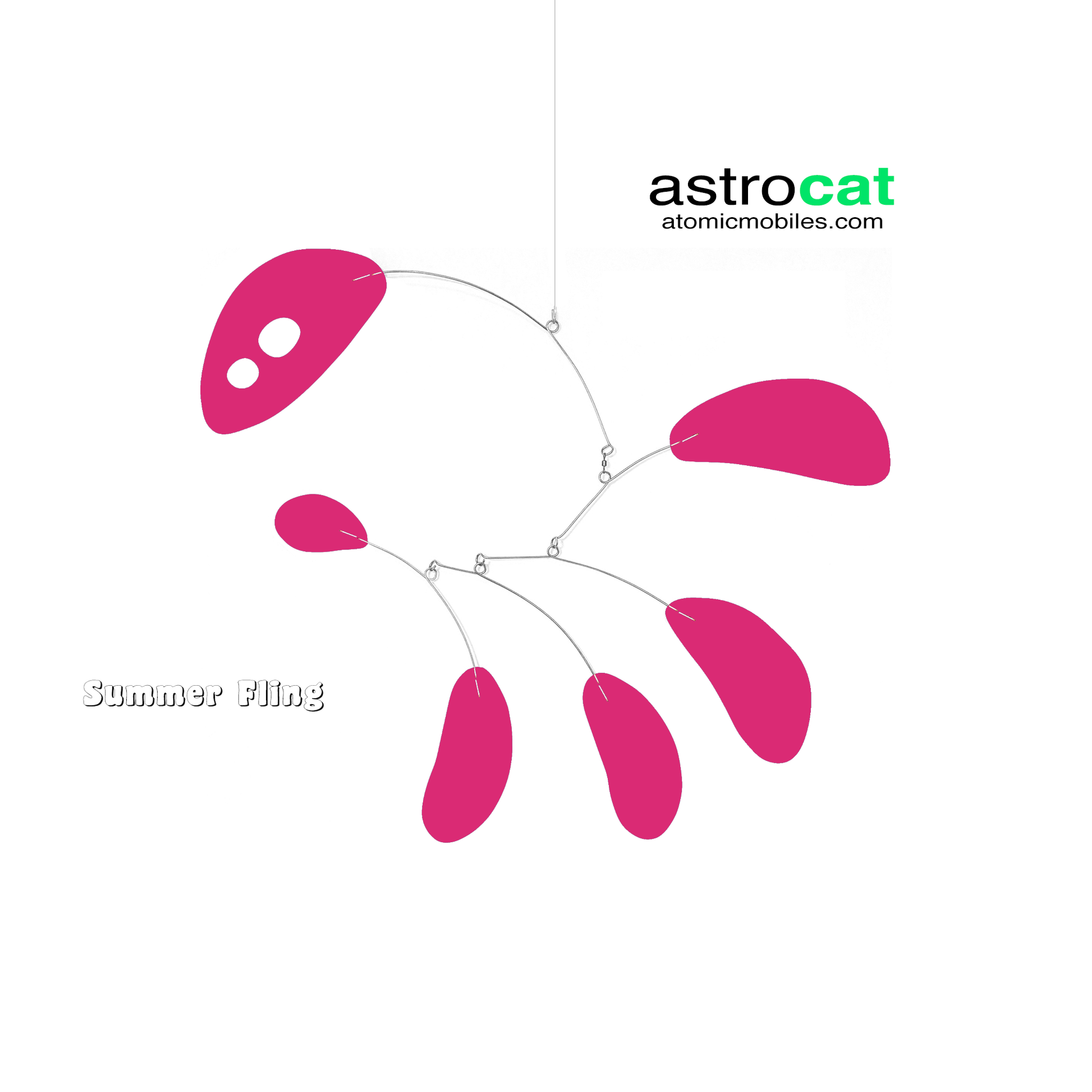 AstroCat hanging art mobile in hot pink Summer Fling color - kinetic mid century modern inspired art by AtomicMobiles.com