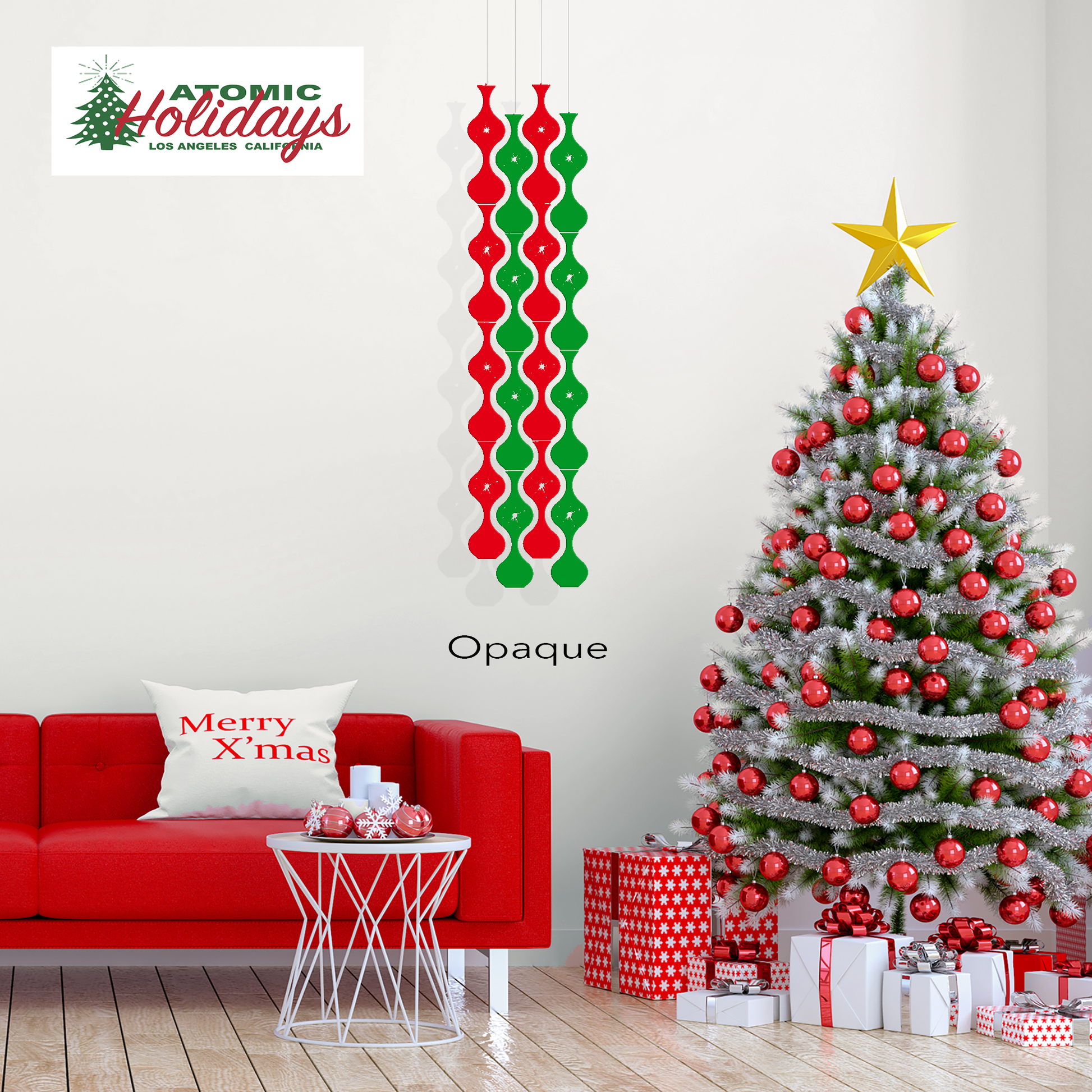 Jeannie Stardust Christmas Mobiles in transparent red and green acrylic - Mid Century modern Holiday decorations with beautiful Christmas tree and red sofa in modern roomby AtomicMobiles.com